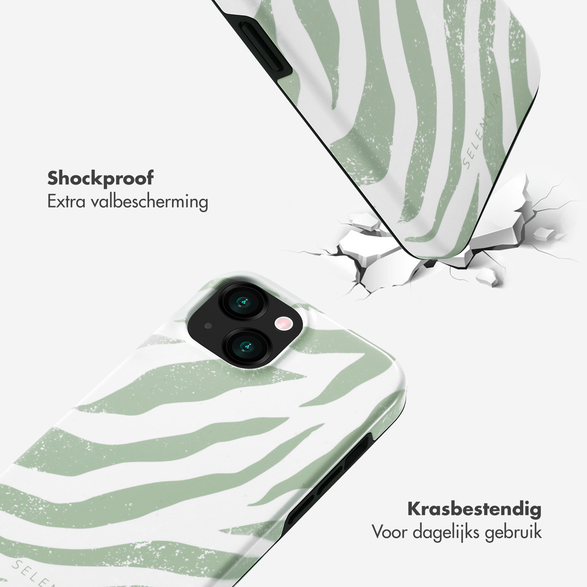 Deux coques de téléphone avec un motif zèbre vert. L'une tombe, l'autre contient un téléphone.