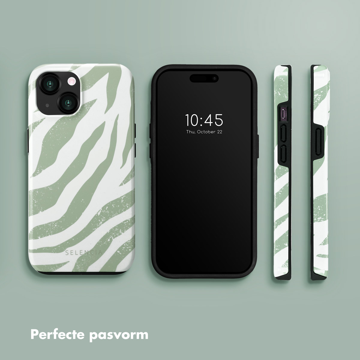 Téléphone avec coque à imprimé zèbre vert. Texte : Ajustement parfait.