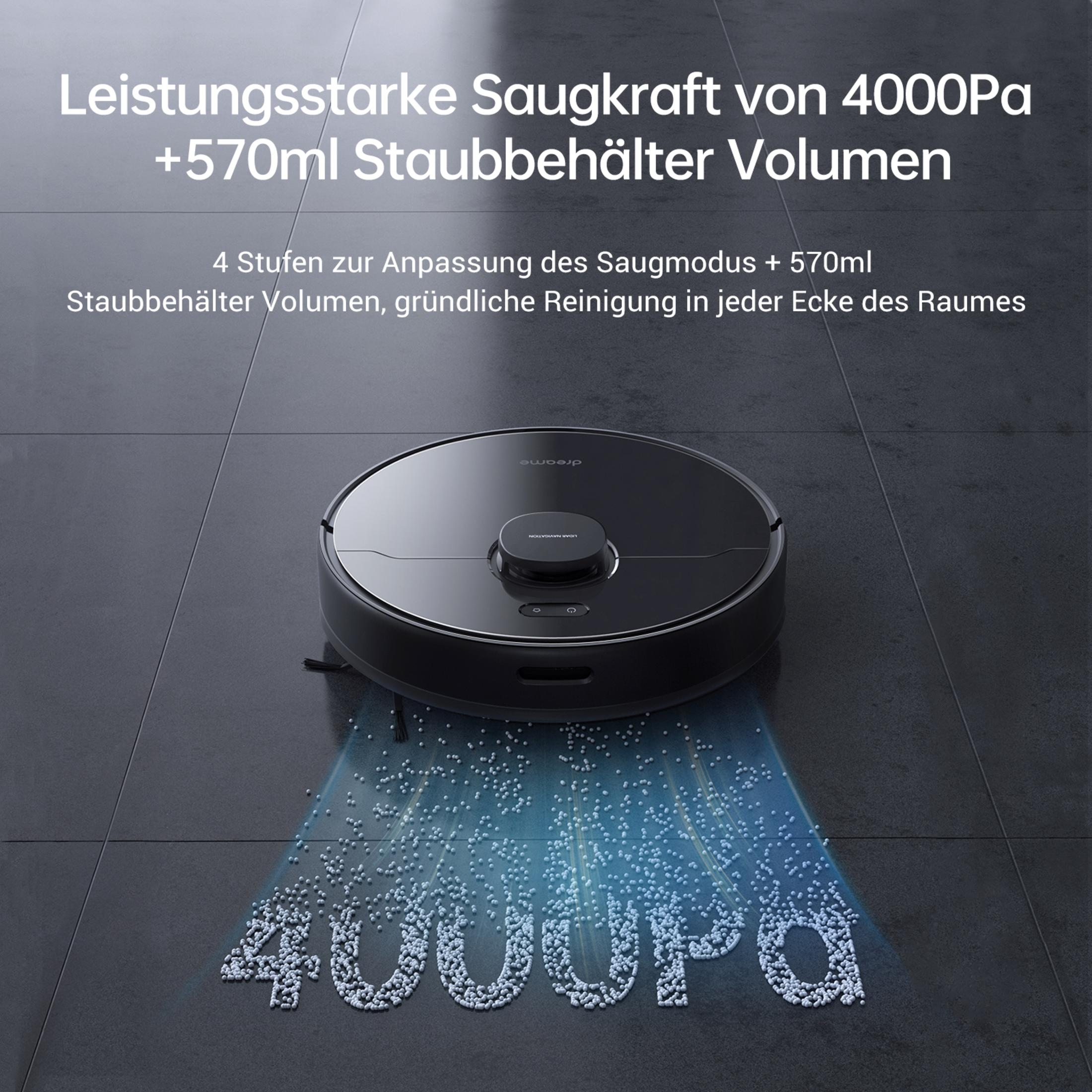 Czarny robot sprzątający na kafelkach, z tekstem wskazującym moc ssania.