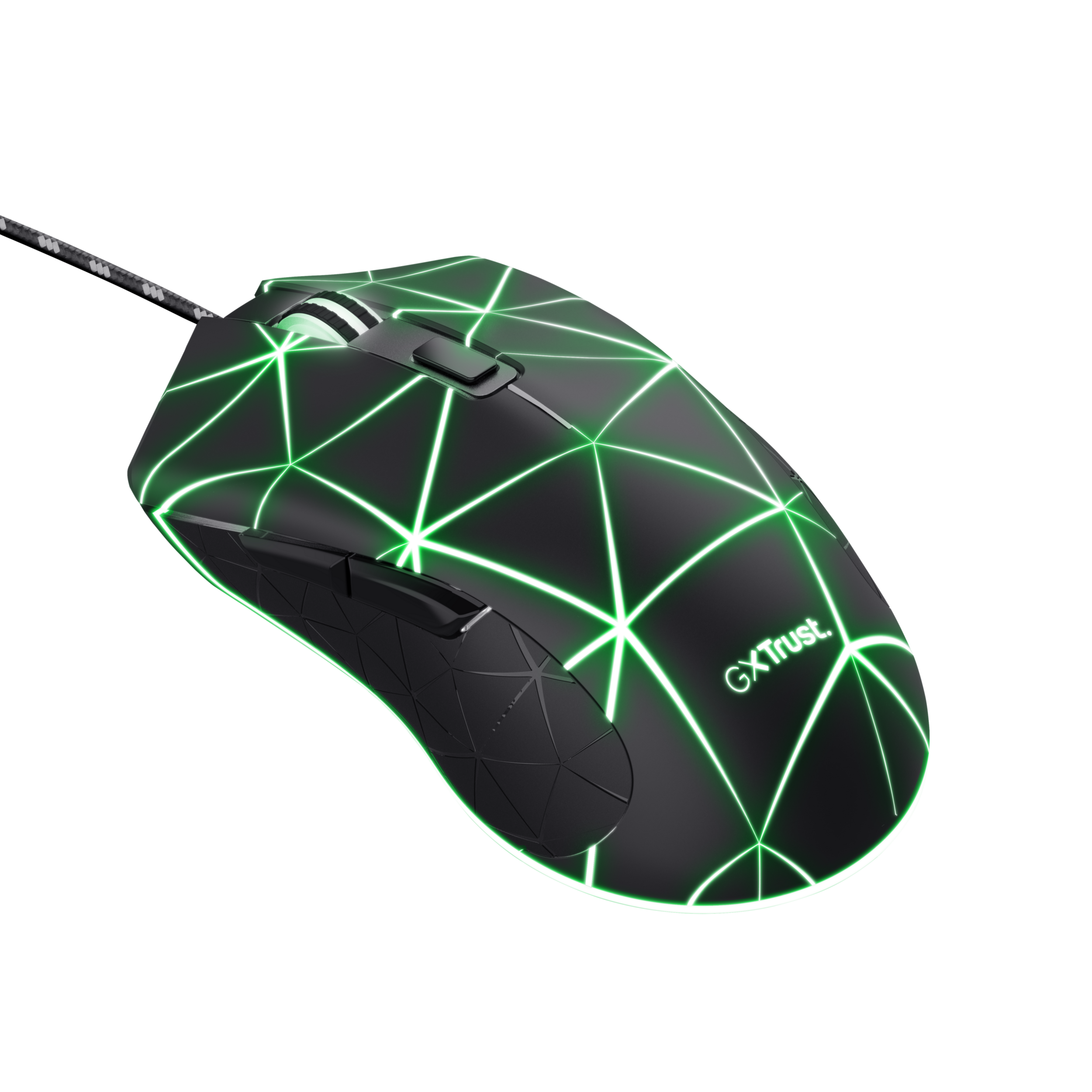 Black gaming mouse with green geometric light pattern on top and Trust logo.