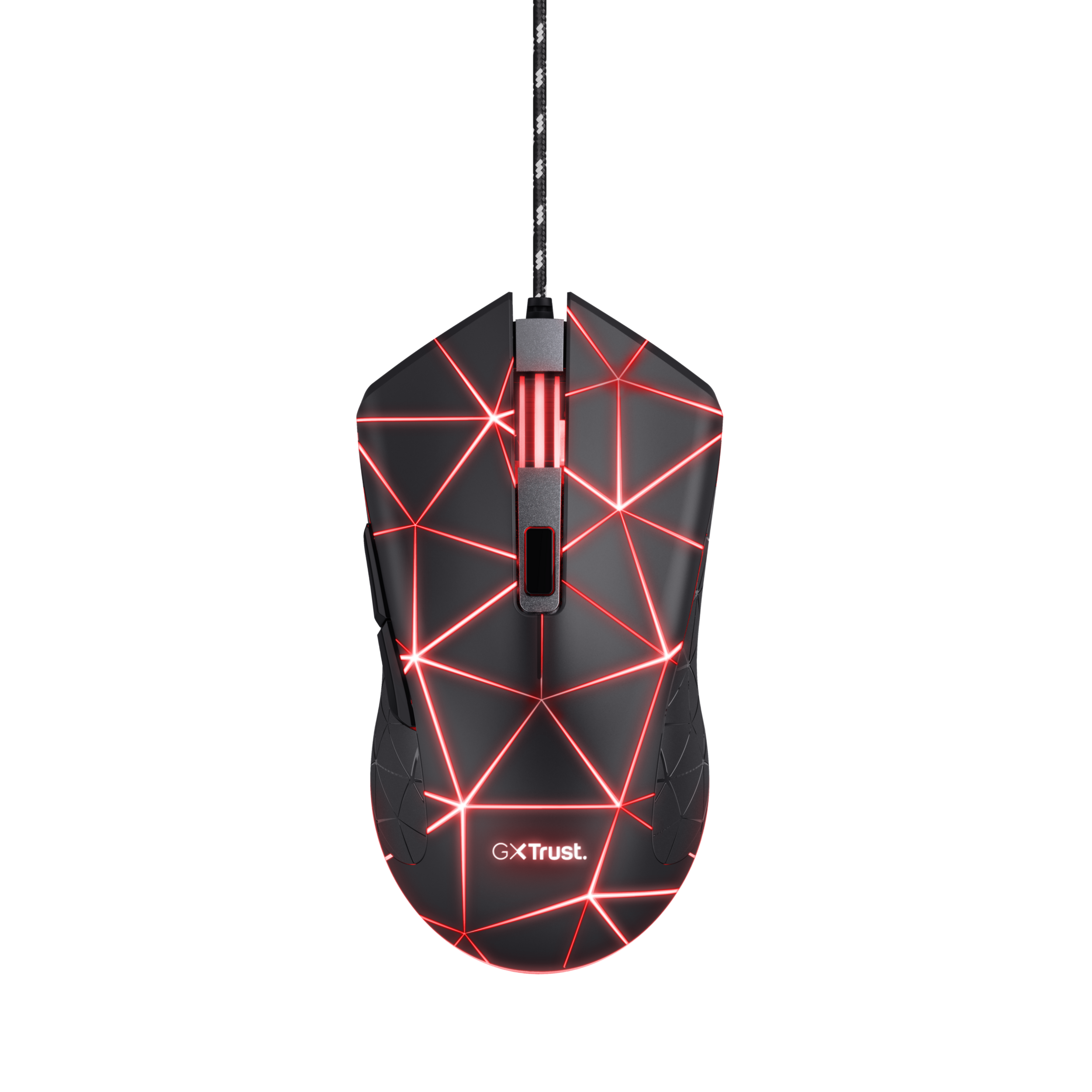 A black gaming mouse with red illuminated lines, against a black background. Brand: GX Trust.