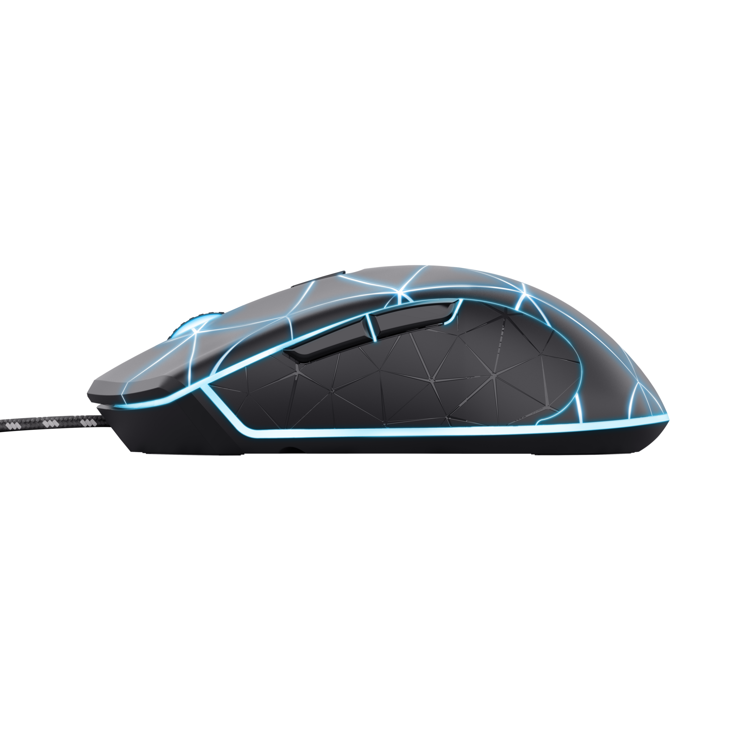 Black gaming mouse with blue neon lights on a black background, showing its side profile.