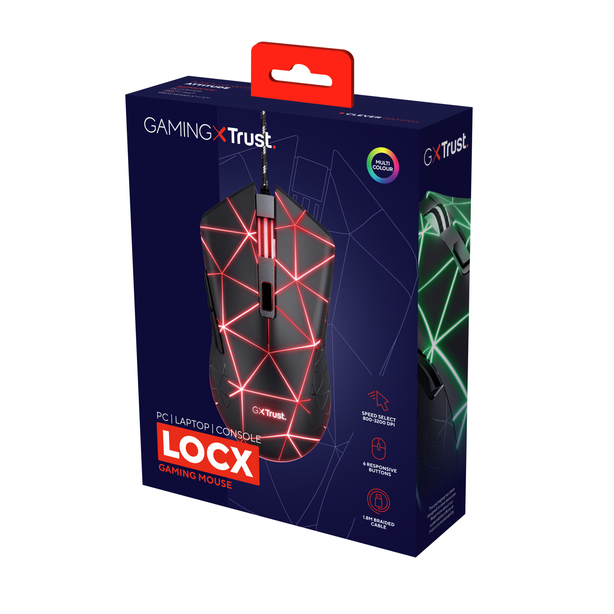 Gaming mouse box with mouse, red and green lights, and the Trust logo.