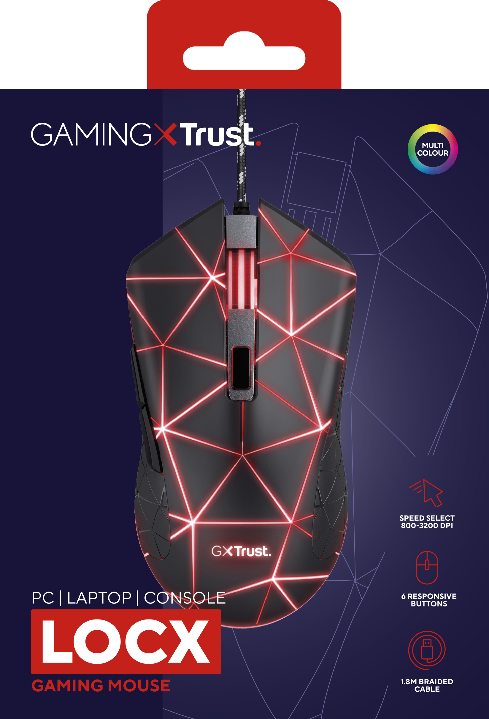 Gaming mouse in a package. Black mouse with red accents and Trust brand logo.
