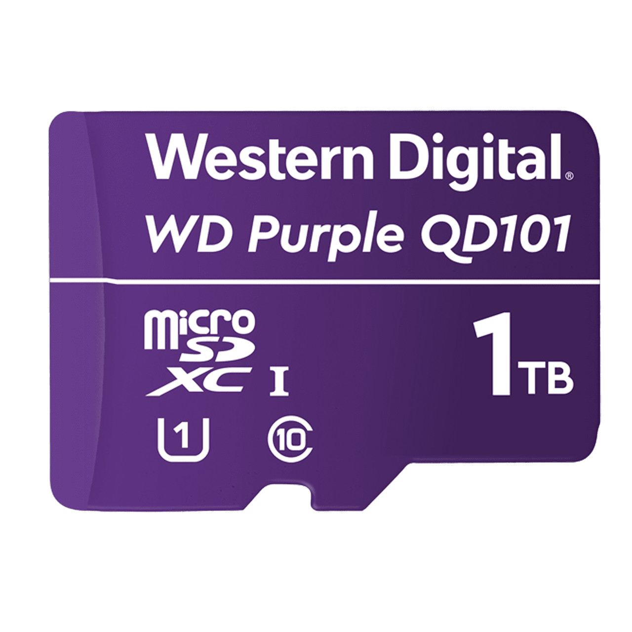 Lila Micro-SD-Karte. Western Digital WD Purple QD101, 1TB. Micro SDXC U1 (10) Logo. Weißer Hintergrund.