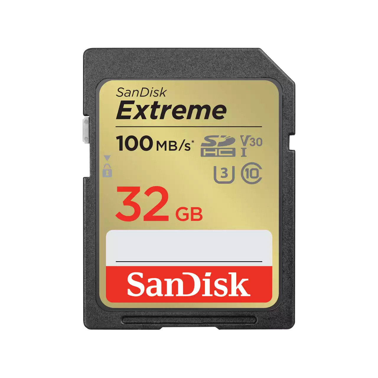 Una scheda SD SanDisk Extreme. È per lo più dorata con dettagli neri. La scheda ha scritte e loghi.