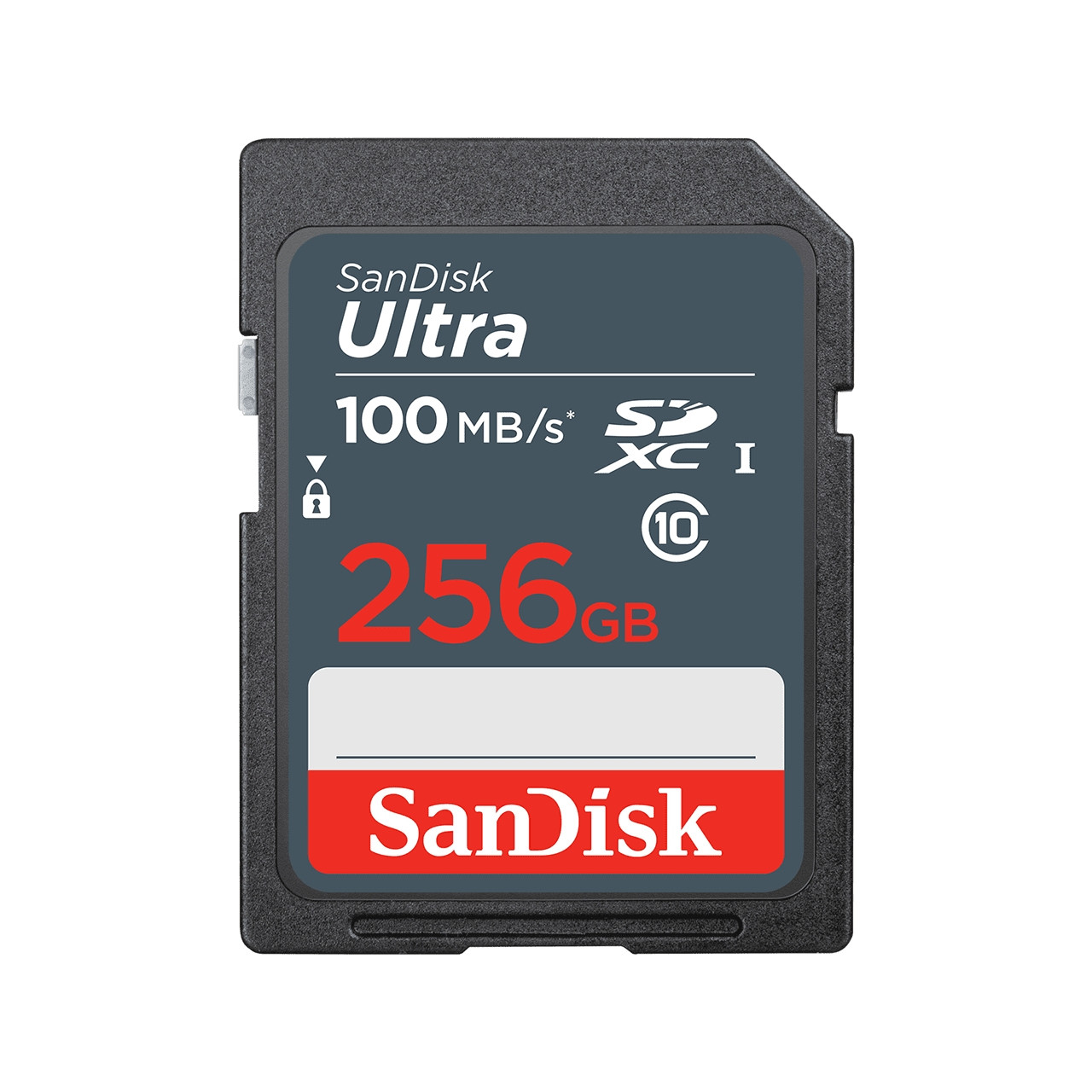Eine schwarze und rote SanDisk Ultra SD-Karte mit Aufdruck.