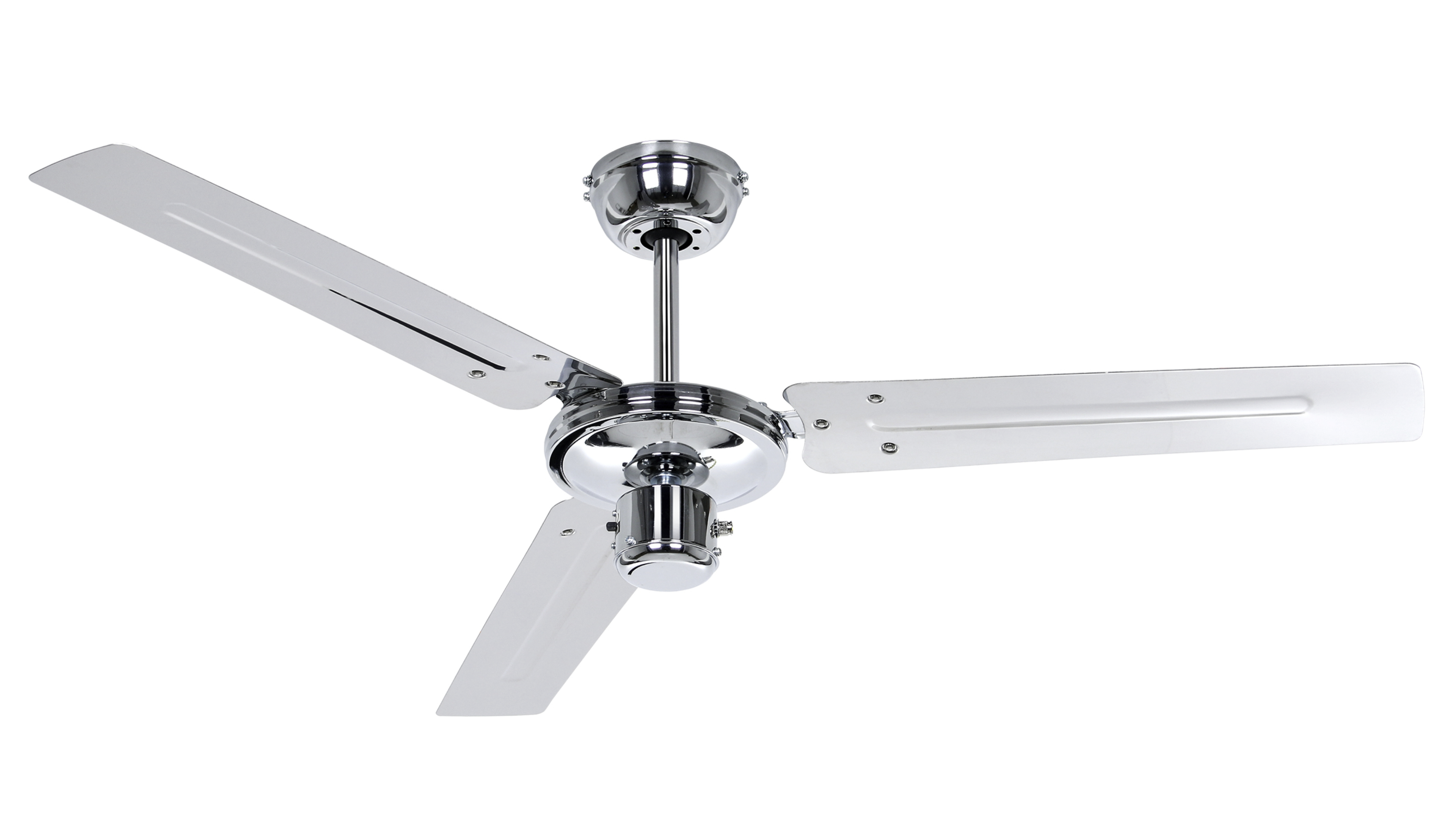Ventilatore a soffitto con tre pale bianche e alloggiamento cromato.