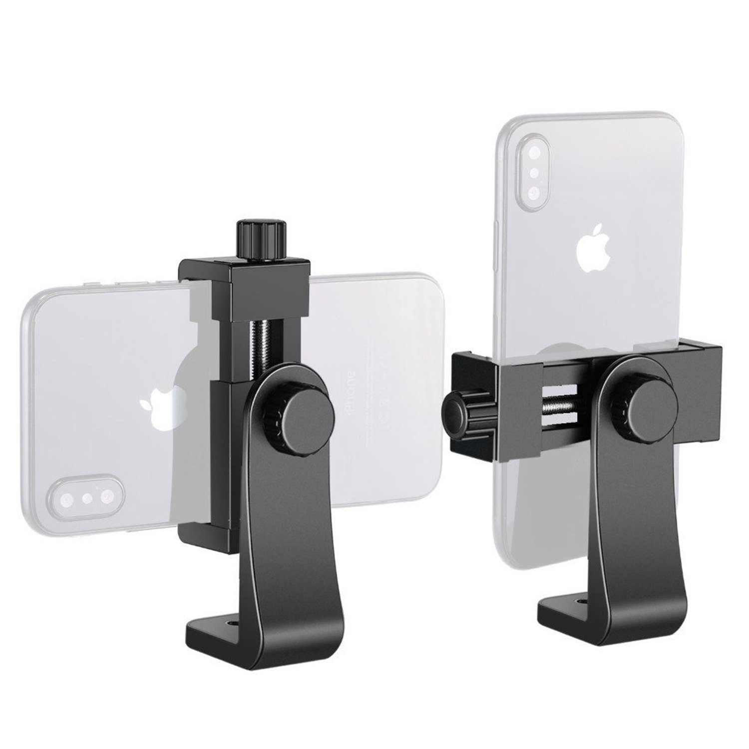 Schwarze Telefonhalter mit Handys. Einer hält das Telefon vertikal, der andere horizontal.