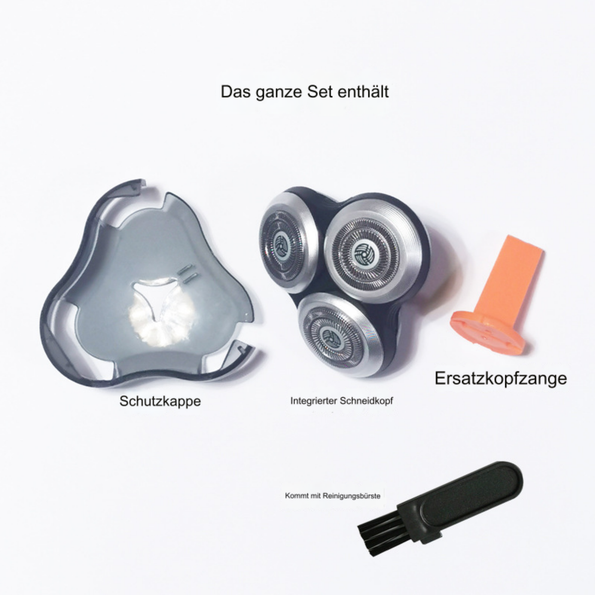 Ein Rasierer-Set mit Schutzkappe, Scherkopf, Ersatzkopfzange und Reinigungsbürste.