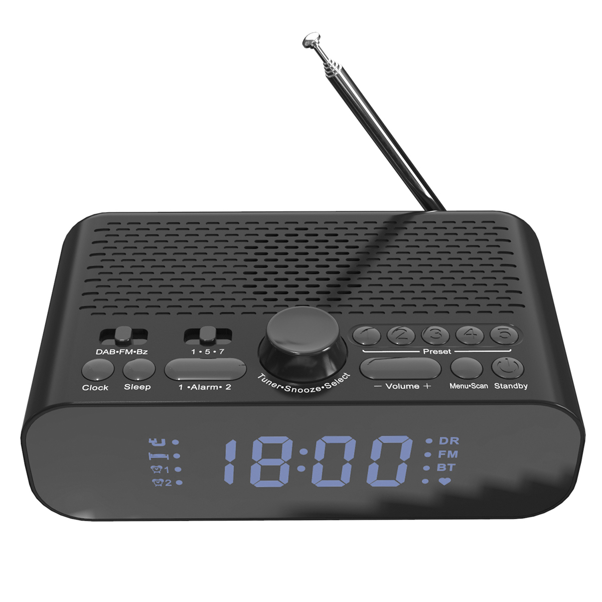 Schwarzes Radio mit Digitaluhr, Knöpfen, Antenne und Display.