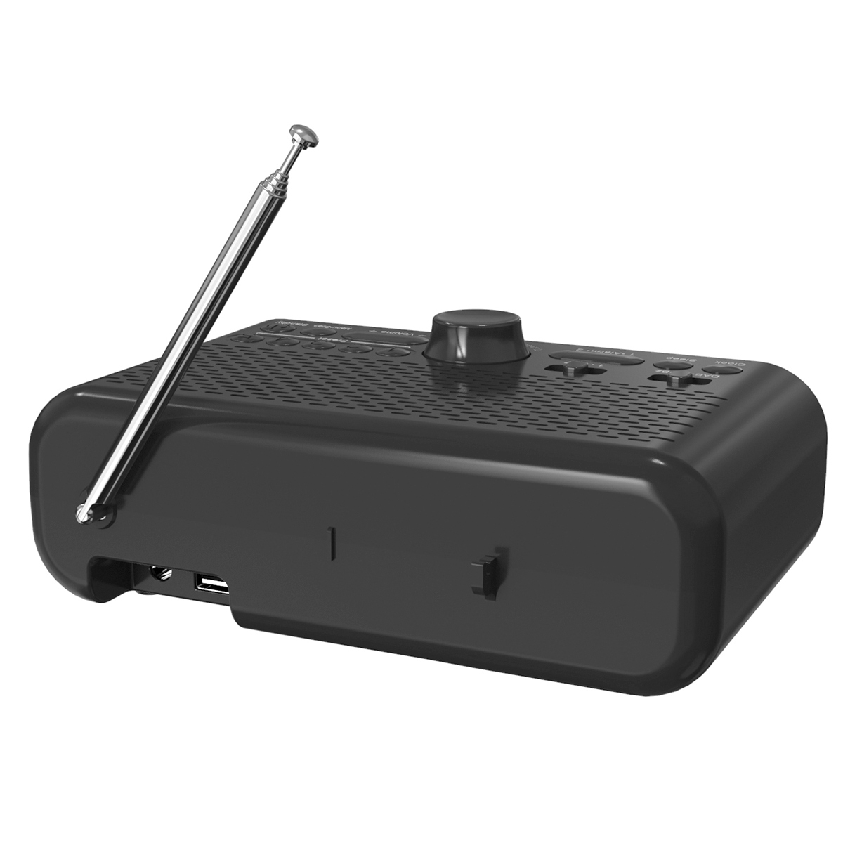 Schwarzes Retro-Radio mit Antenne, Drehreglern und USB-Anschluss.