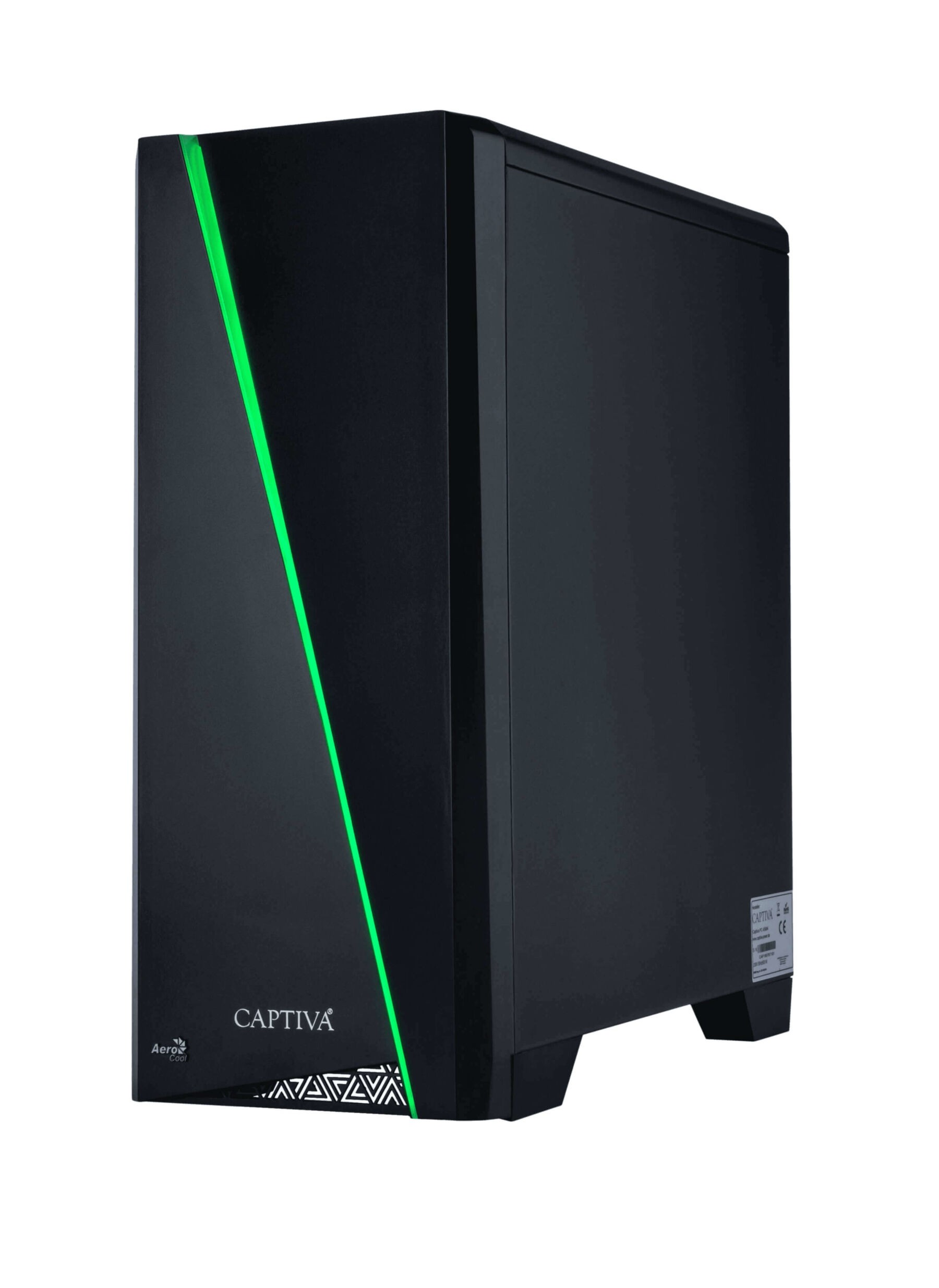 Schwarzes PC-Gehäuse mit grünem Licht an der Seite. Der Markenname ist Captiva.