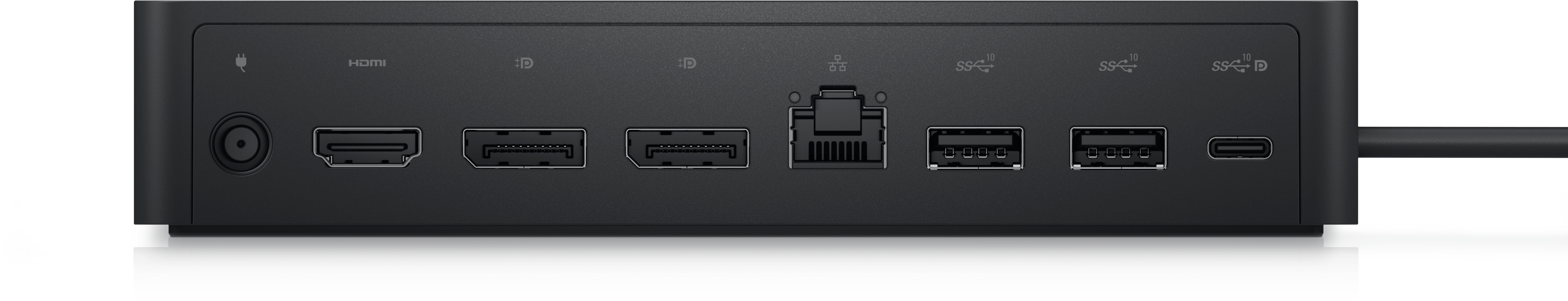 Schwarze Dockingstation mit verschiedenen Anschlüssen, einschließlich HDMI, USB und Ethernet.