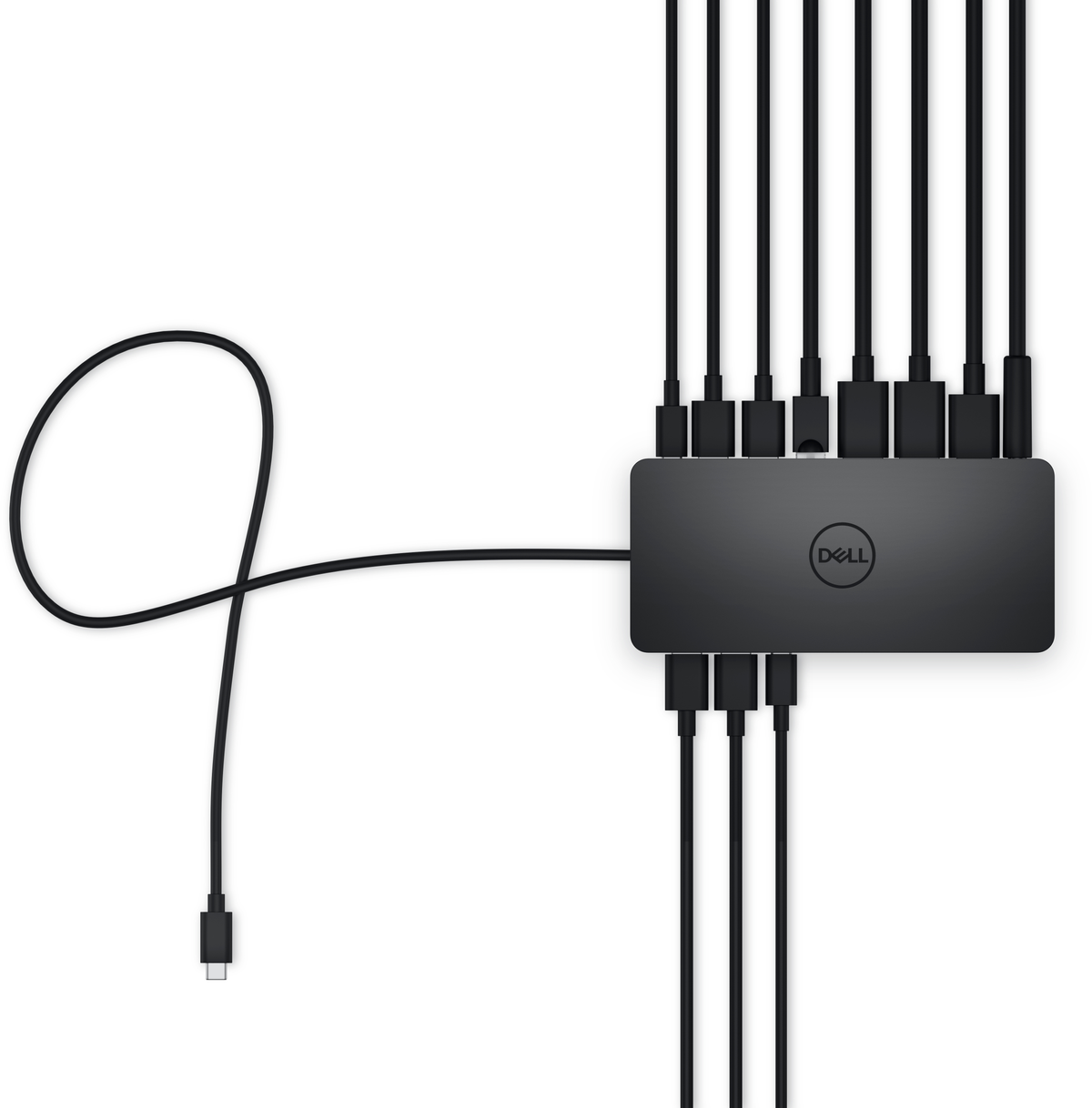 Schwarzer Dell USB-C-Hub mit mehreren Anschlüssen und Kabeln. Weißer Hintergrund.