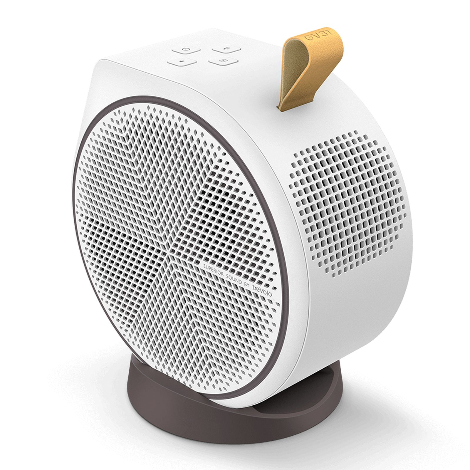 Altavoz blanco y marrón con diseño redondo, asa de cuero y frontal de malla. El altavoz tiene un soporte.