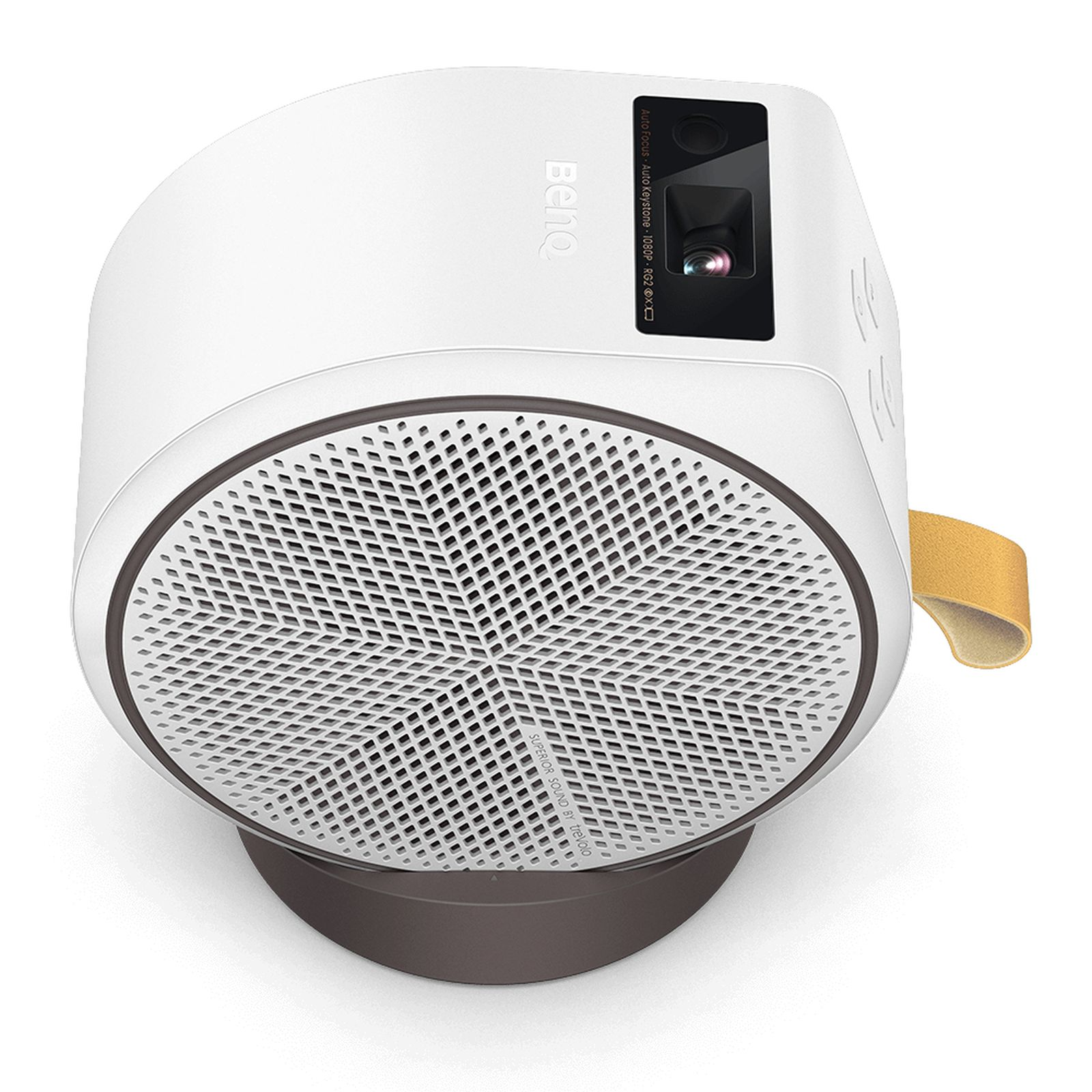 Proyector blanco y marrón con lente y rejilla de altavoz. Vista superior.