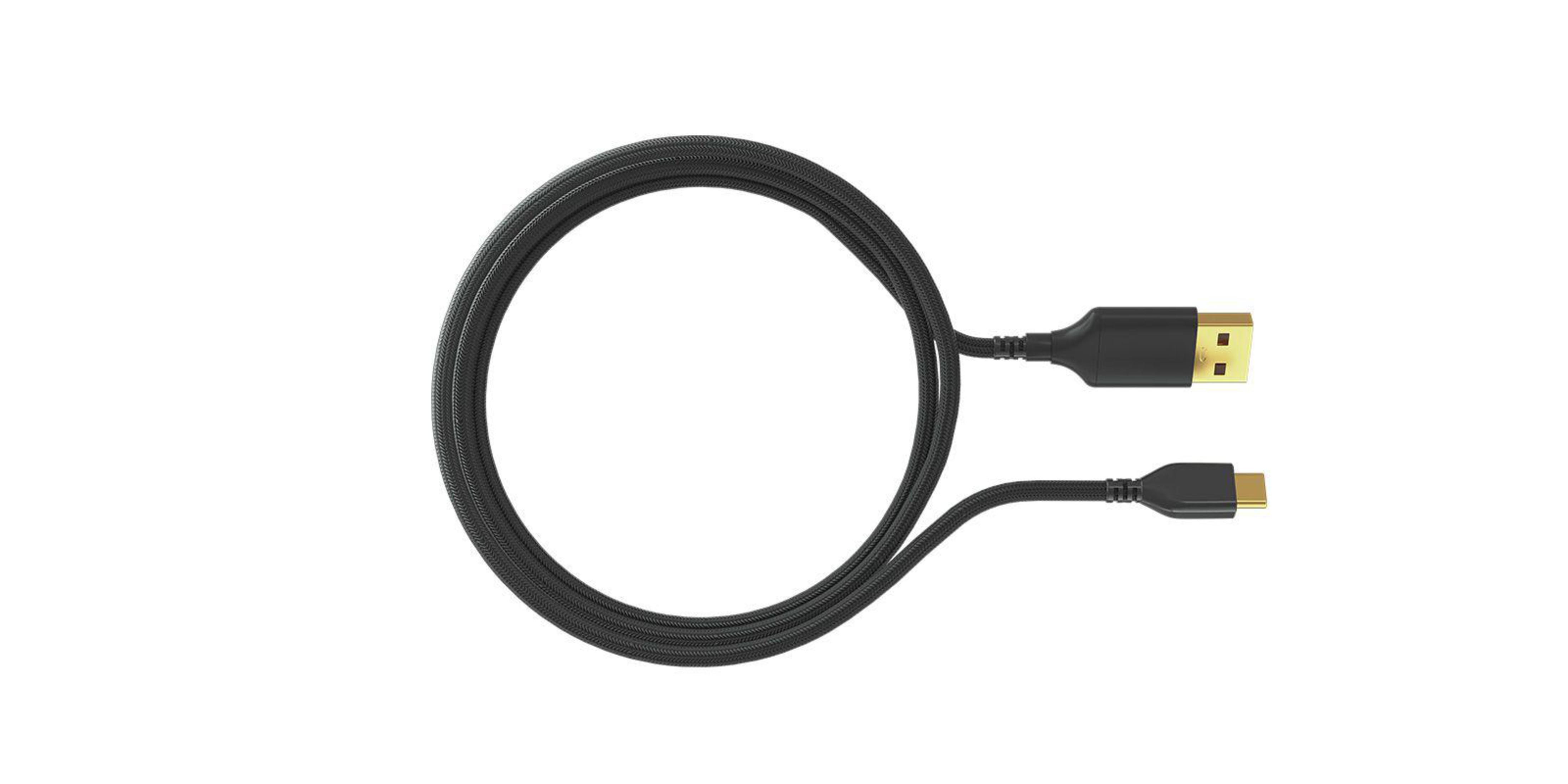Cavo USB nero con connettore USB-A dorato e connettore USB-C. Il cavo è su sfondo bianco.