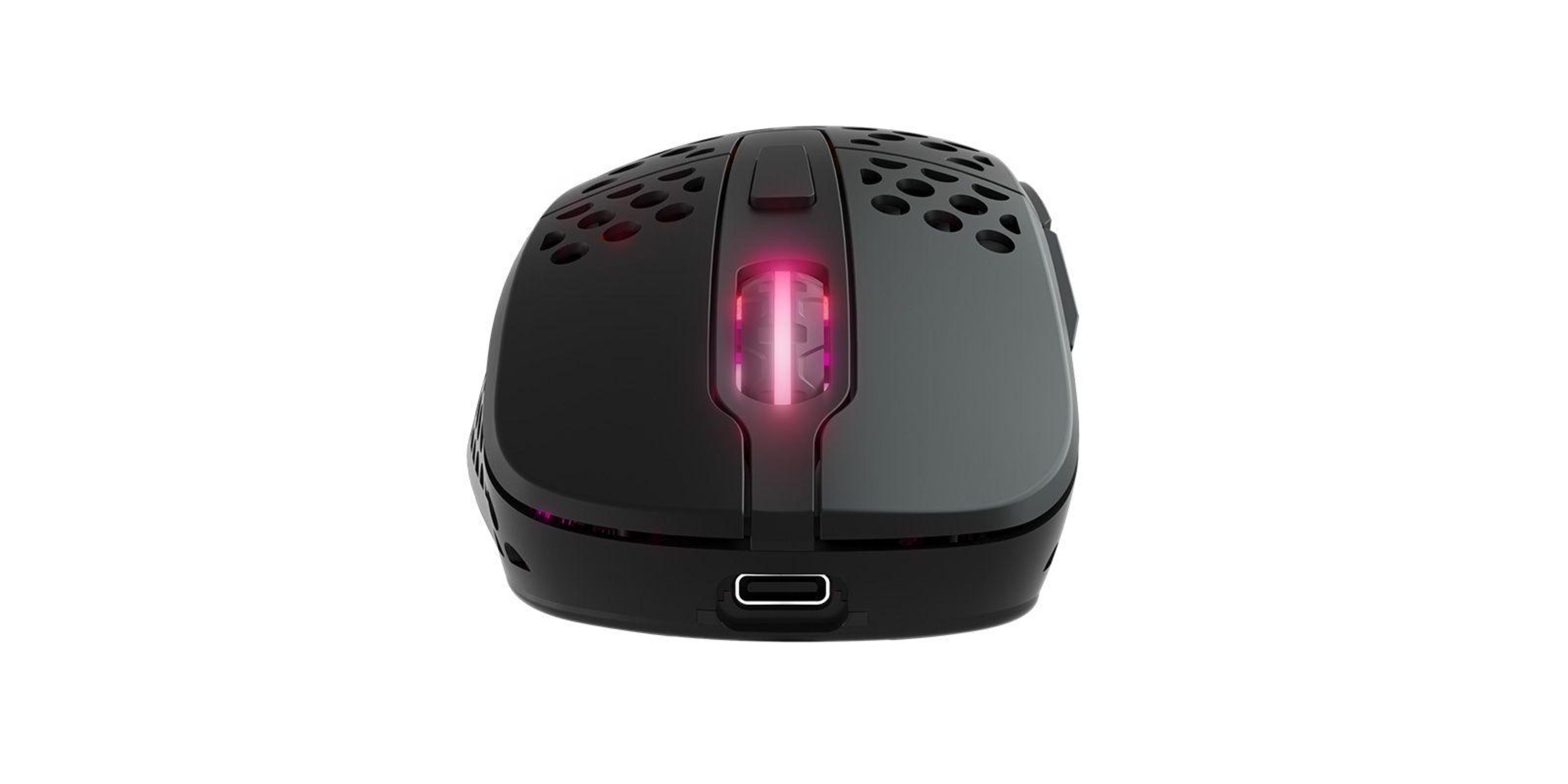 Mouse da gioco nero con design a nido d'ape e dettagli rosa illuminati.