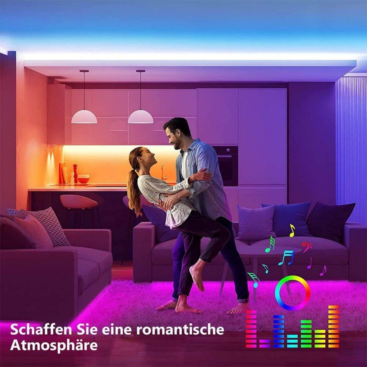 Para tańcząca w nowoczesnym domu z kolorowym oświetleniem. Tekst: Schaffen Sie eine romantische Atmosphäre.