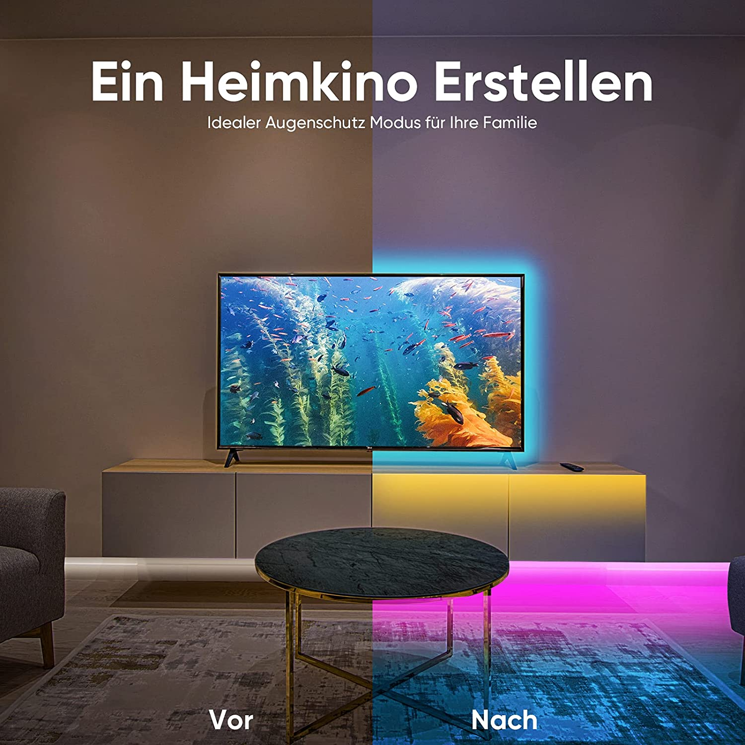 Wohnzimmer mit TV, Unterwasser Szene, farbige Lichtleisten.