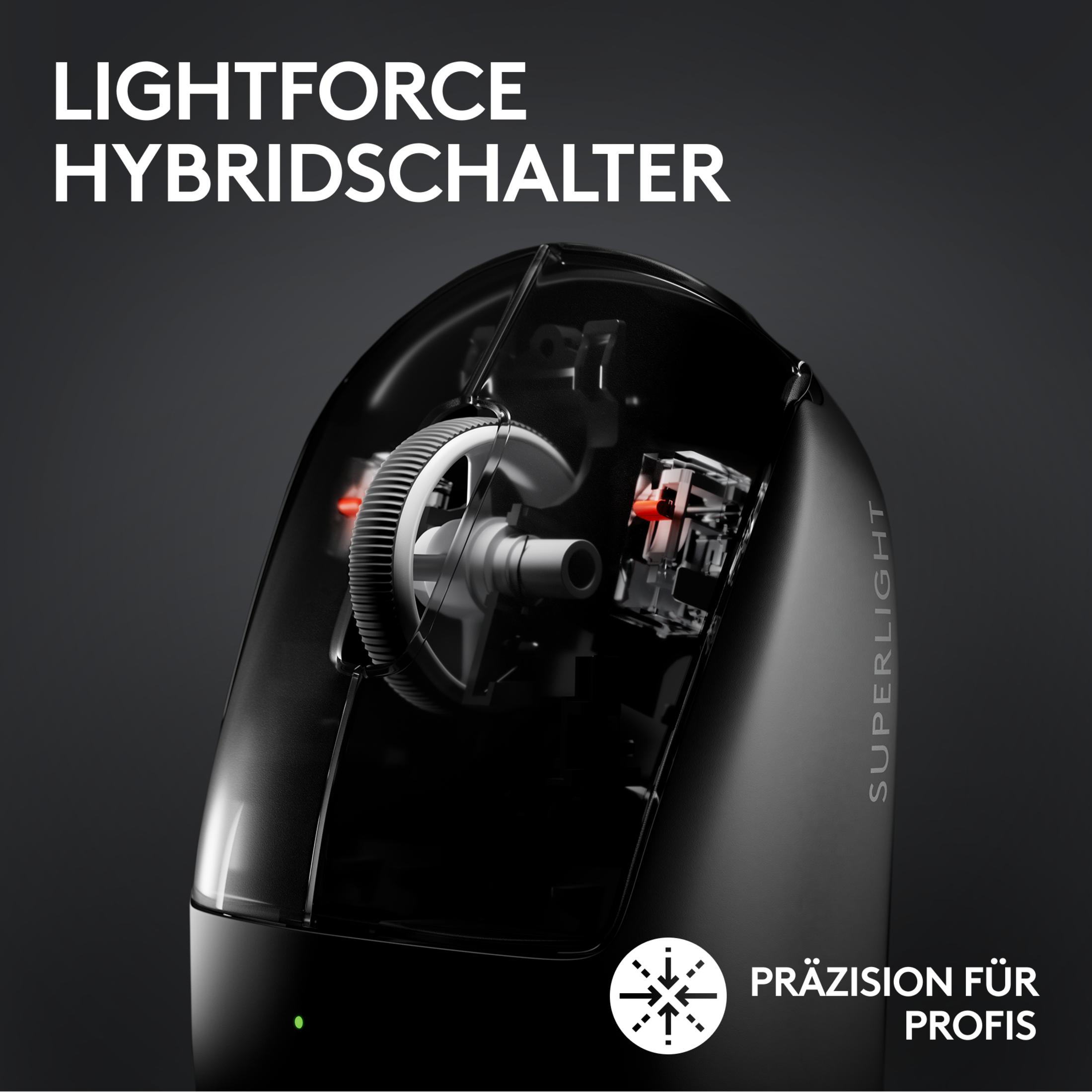 Souris de jeu noire avec composants internes visibles. Le texte dit 'LIGHTFORCE HYBRIDSCHALTER'.
