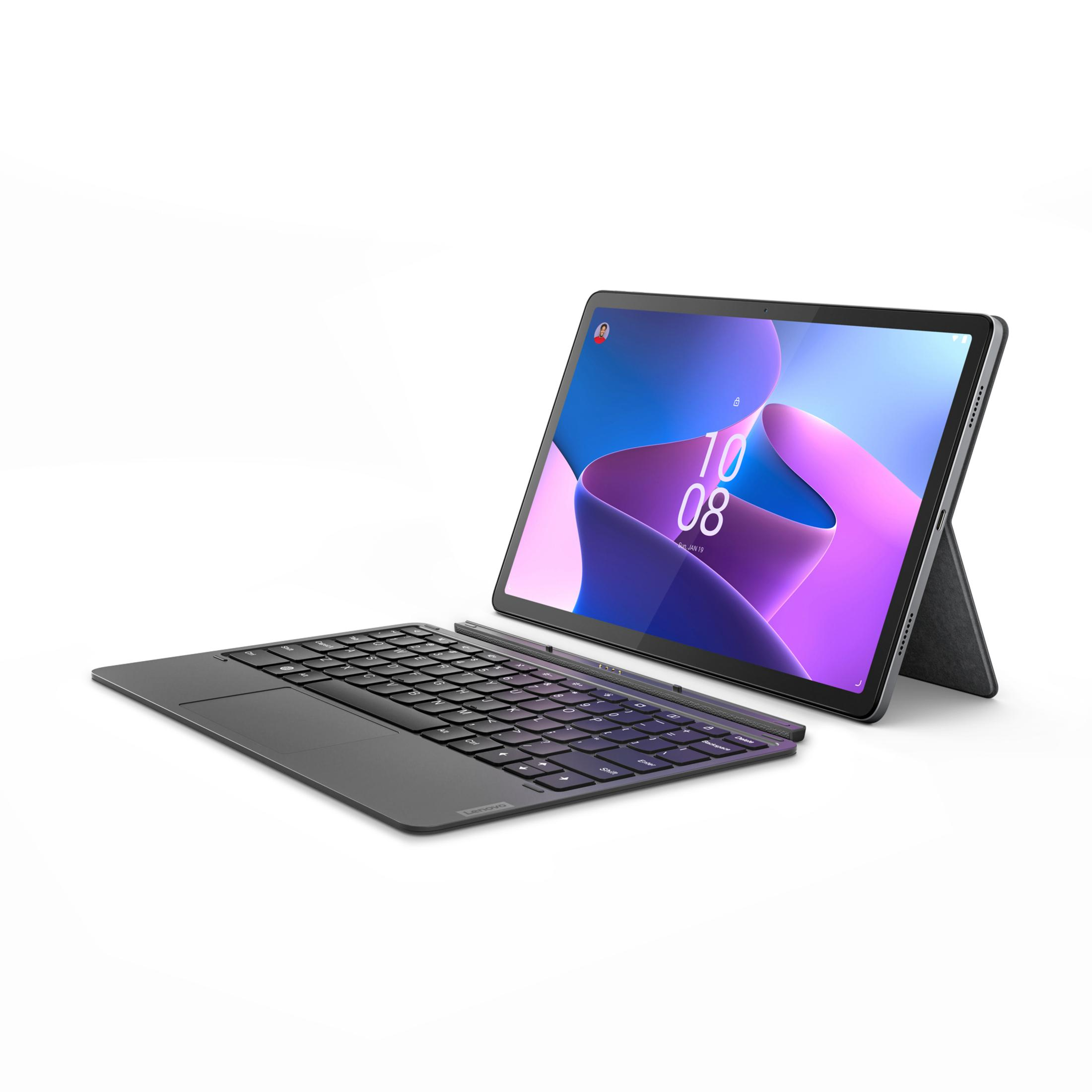 Tablet mit Tastatur. Tablet zeigt einen Bildschirm mit einem lila und blauen Bild. Tastatur ist grau.