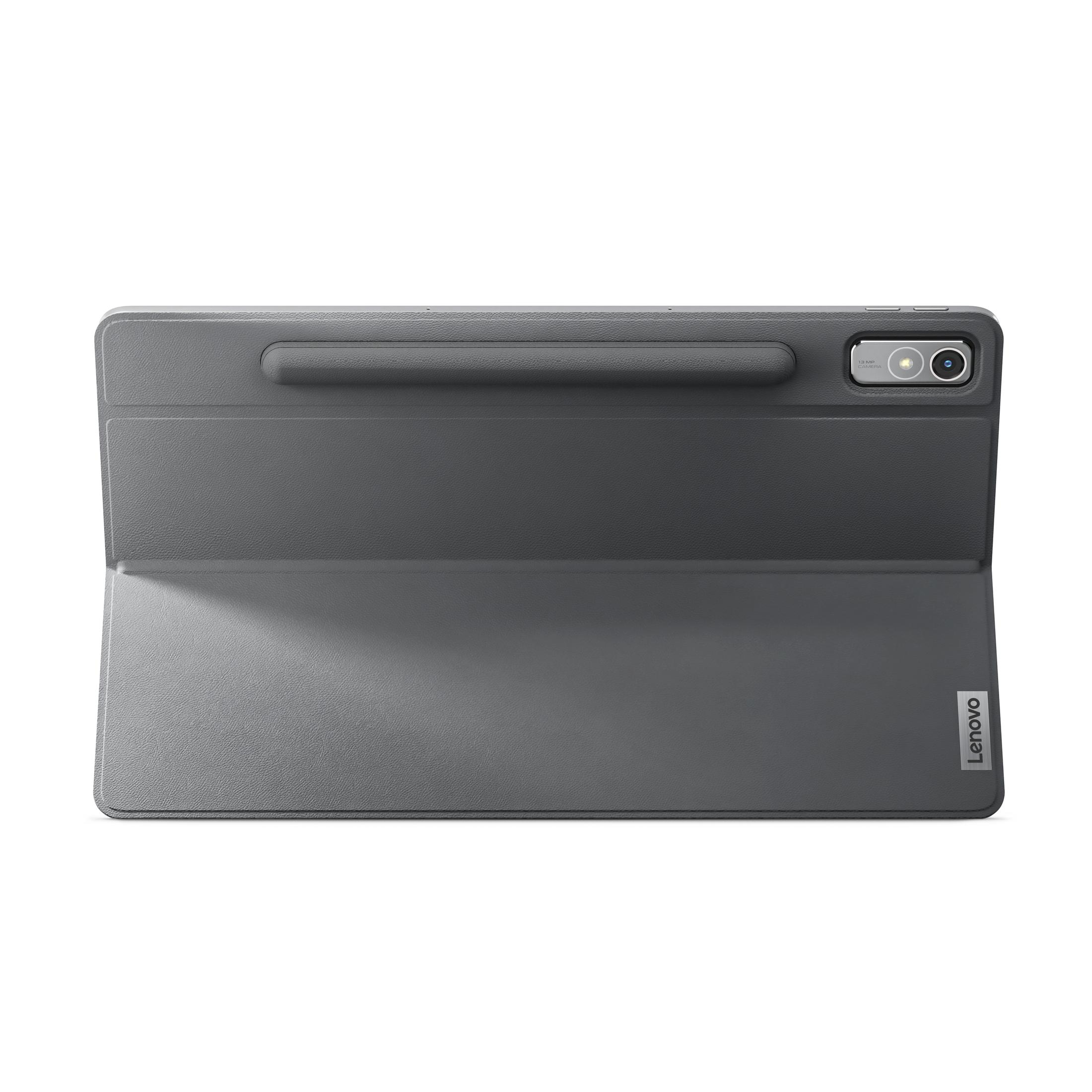 Graue Tablet-Hülle mit Lenovo-Logo, geschlossen.