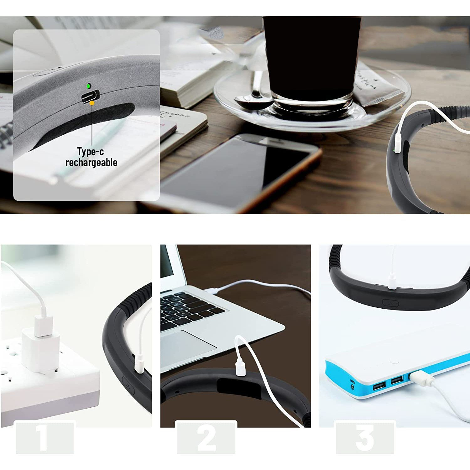 Schwarzes Nackenband mit Ladeoptionen: Typ-C, Powerbank und Steckdose, mit Handy u. Kaffee.