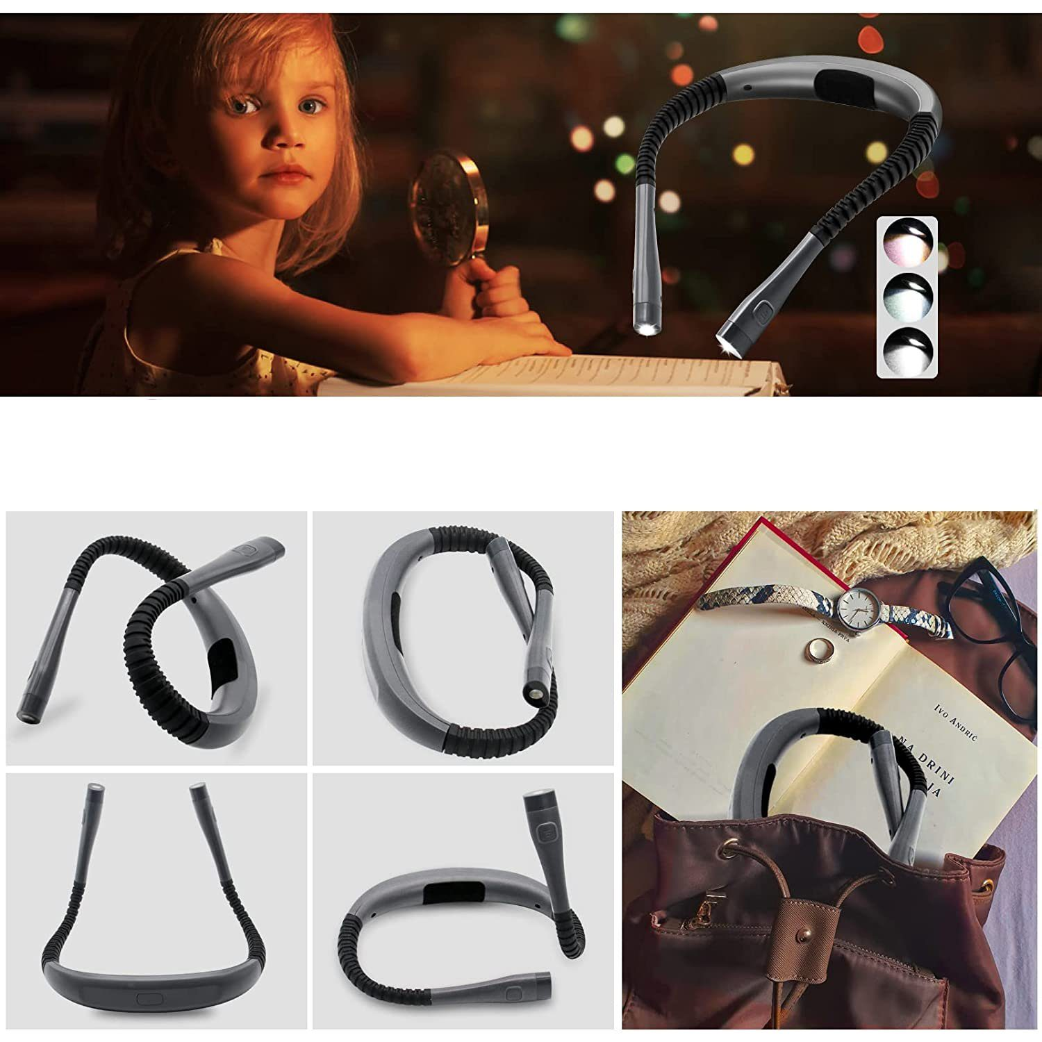 Ein Mädchen betrachtet ein Buch mit einer Lupe. Eine Nackenleselampe ist im Bild zu sehen.