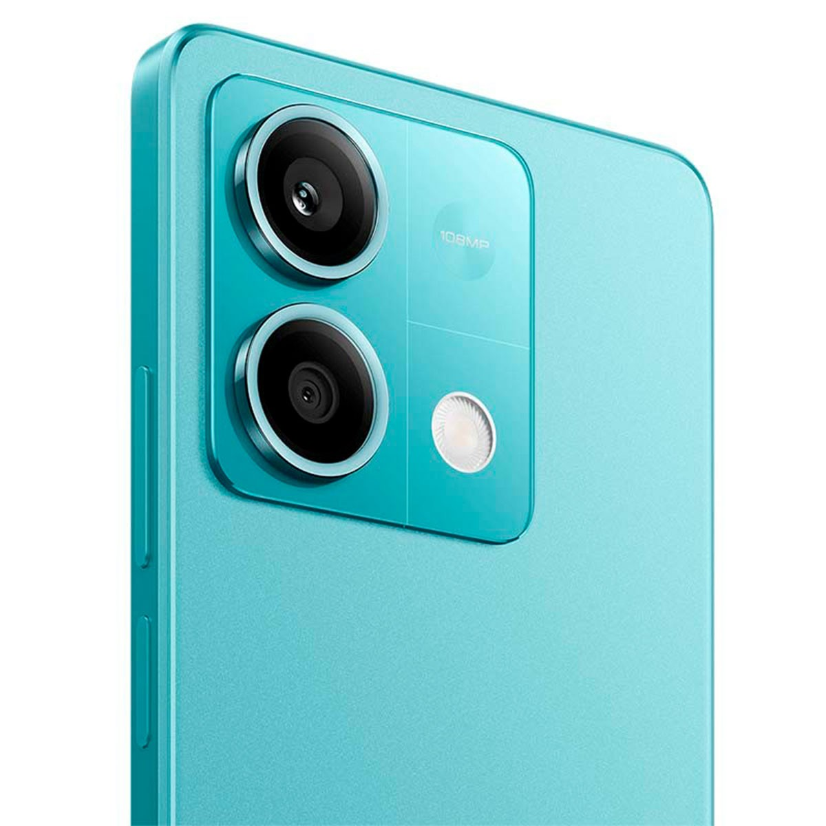 Zbliżenie na układ aparatów turkusowego smartfona, z dwoma obiektywami i lampą błyskową.