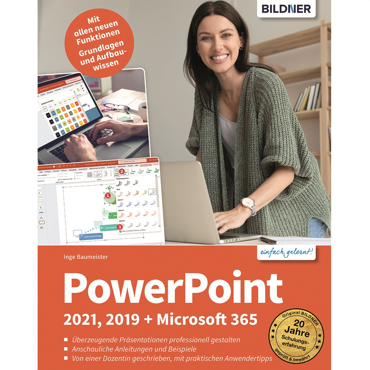 Eine Frau an einem Laptop mit einem Buch über PowerPoint.