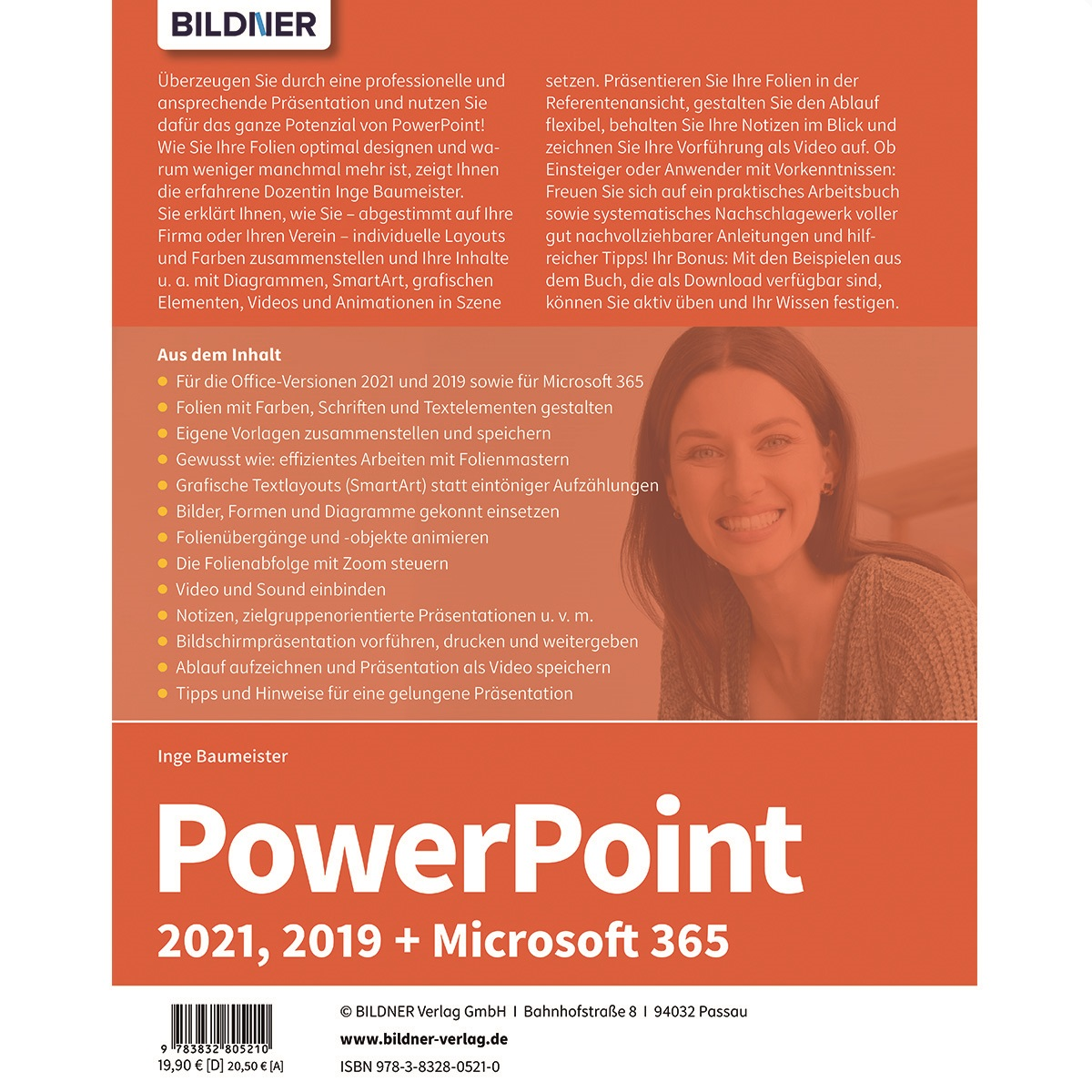 Ein Buchcover mit Text und dem Bild einer lächelnden Frau. Der Titel lautet PowerPoint.