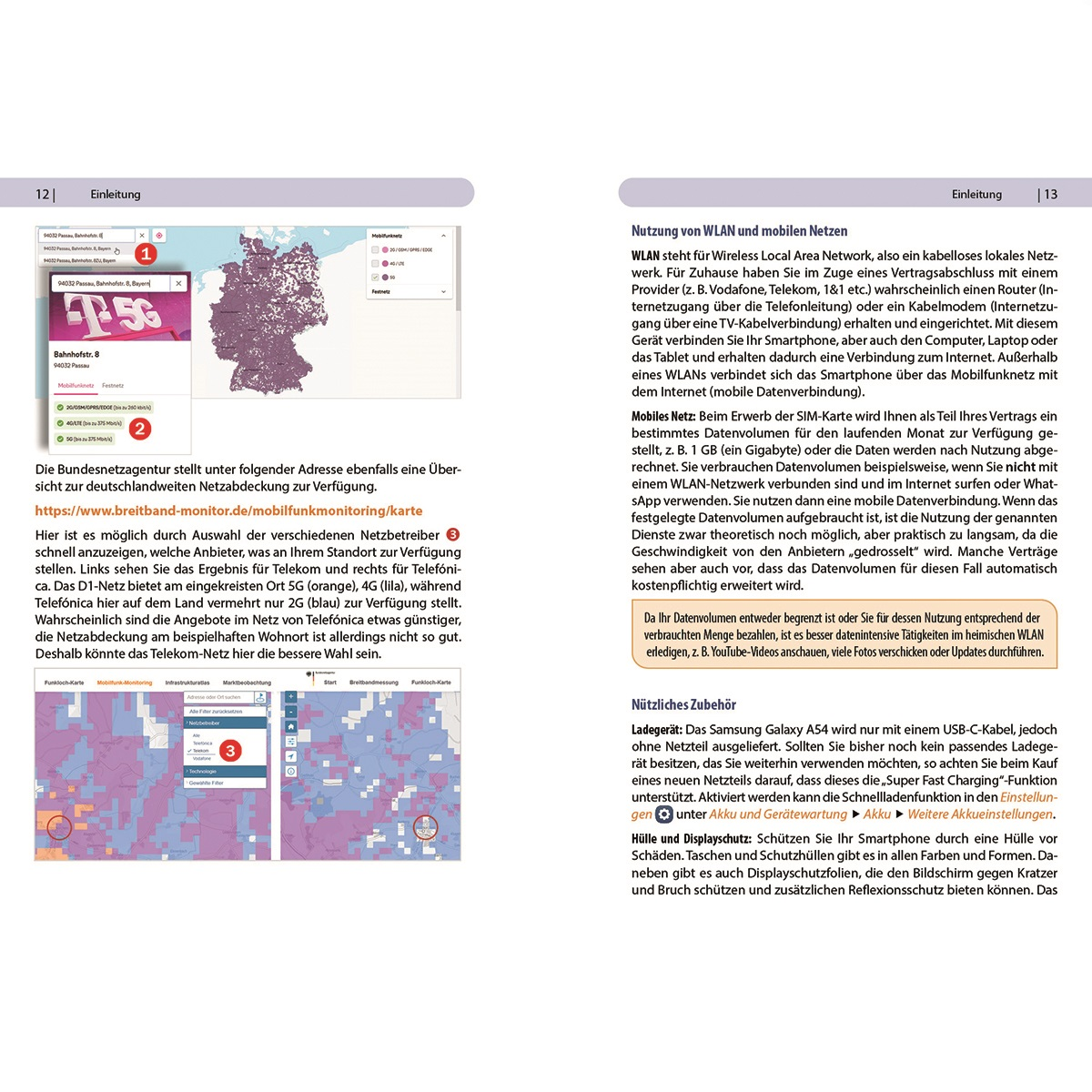 Eine Seite einer deutschen Zeitschrift mit Karten und Texten zu 5G und Mobilfunknetzen.