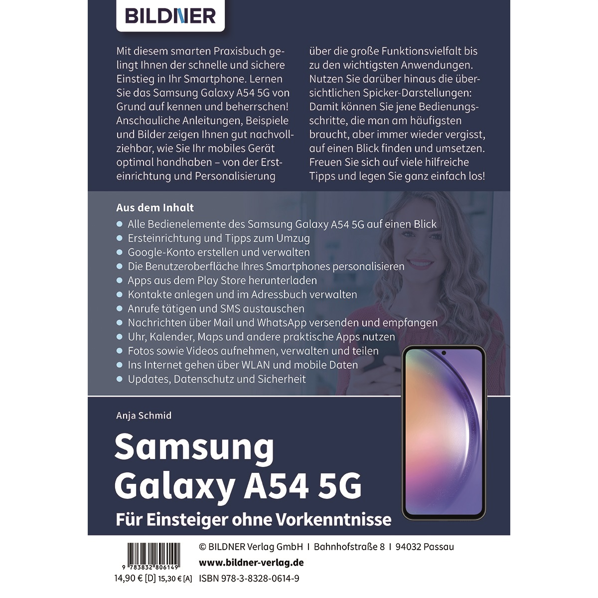 Buchcover, „Samsung Galaxy A54 5G für Einsteiger ohne Vorkenntnisse“ mit Smartphone-Bild.
