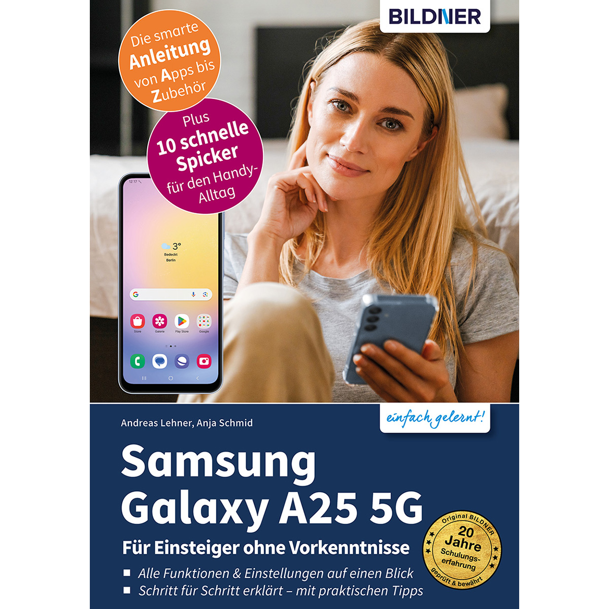 Ein Buch über Samsung Galaxy A25 5G, mit einer Frau, die ein Telefon hält, und einem Bildschirm.