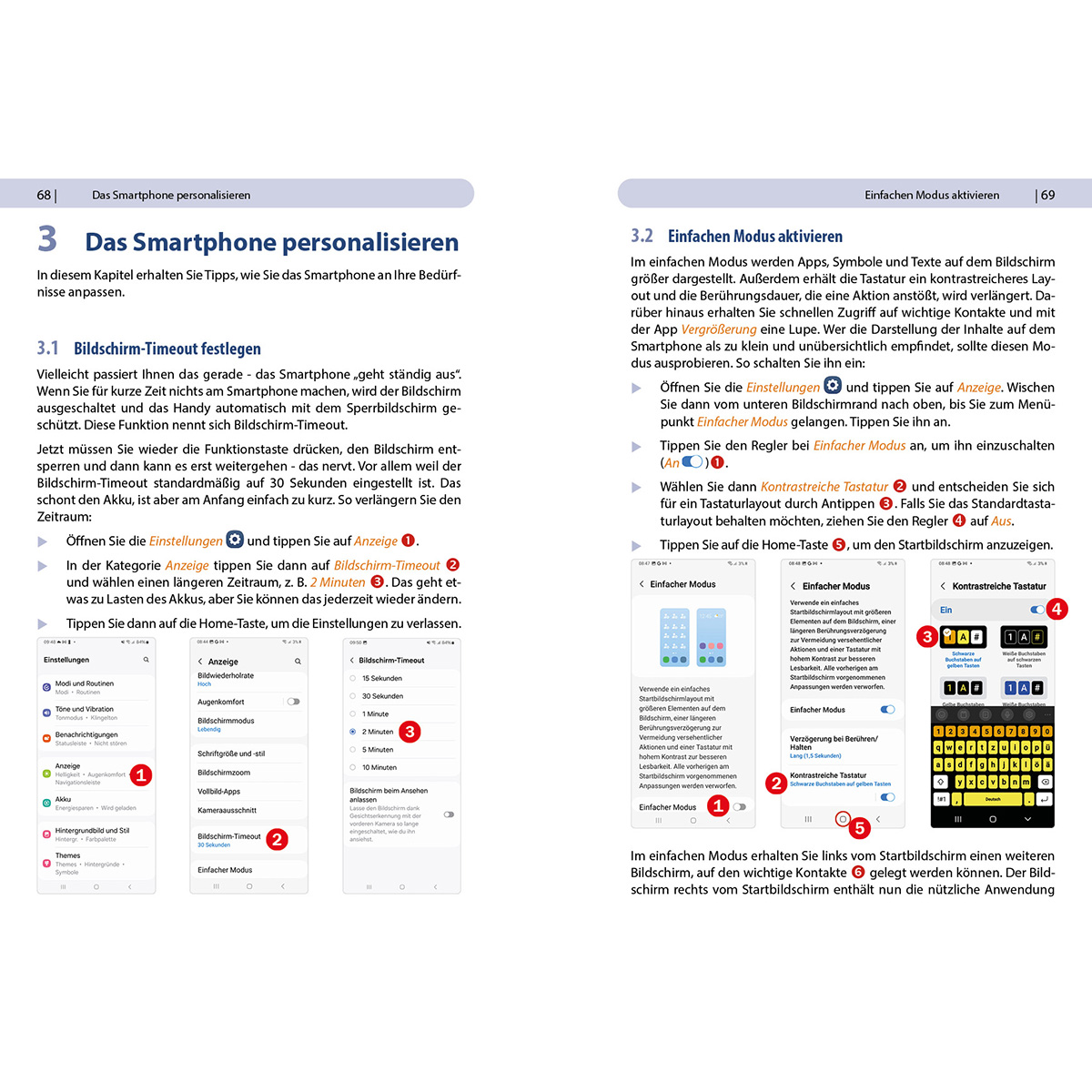 Smartphone-Personalisierungsanleitung. Enthält Einstellungen, Anzeige- und einfache Modusoptionen.