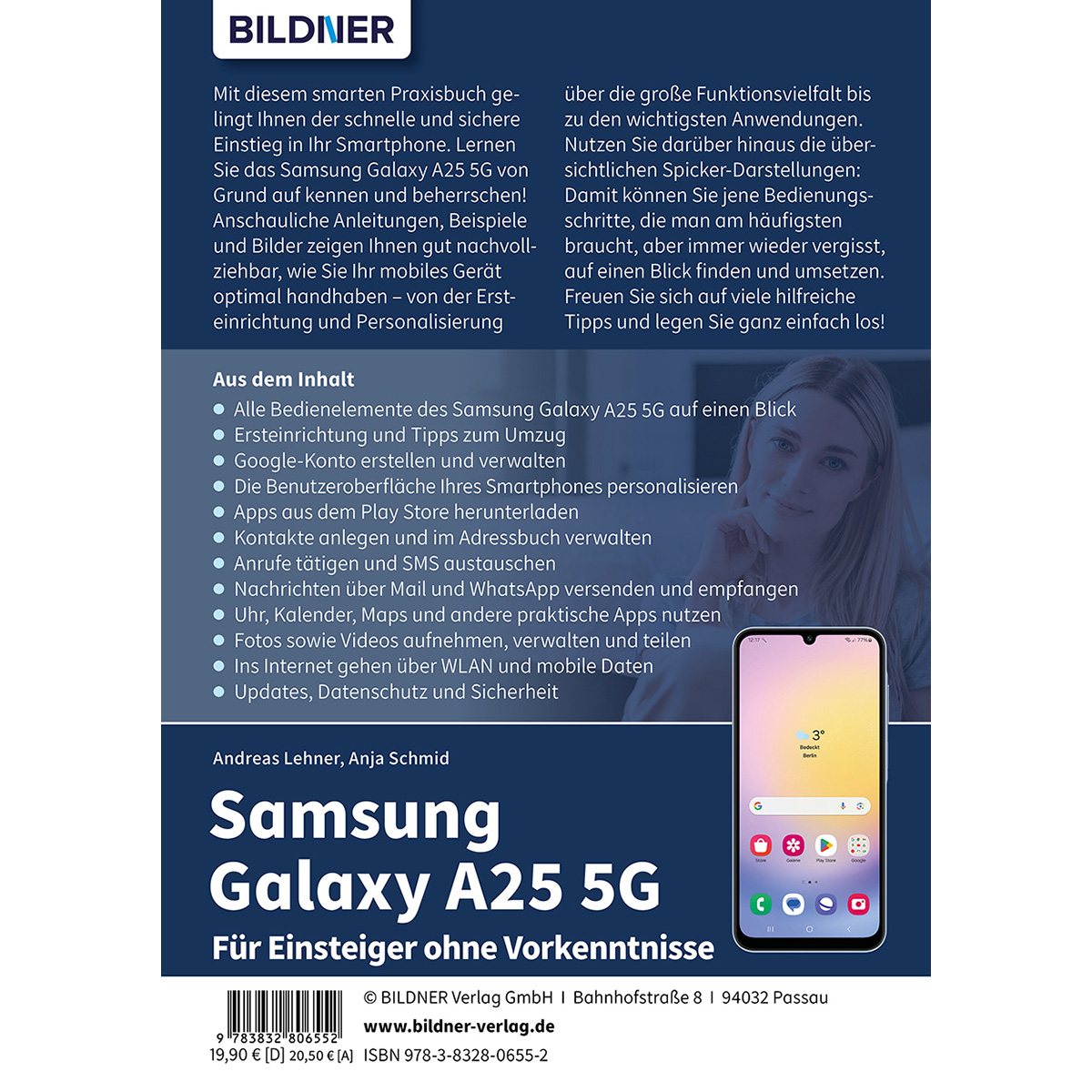 Buchcover mit Text über Samsung Galaxy A25 5G für Anfänger, mit einem Handybild.