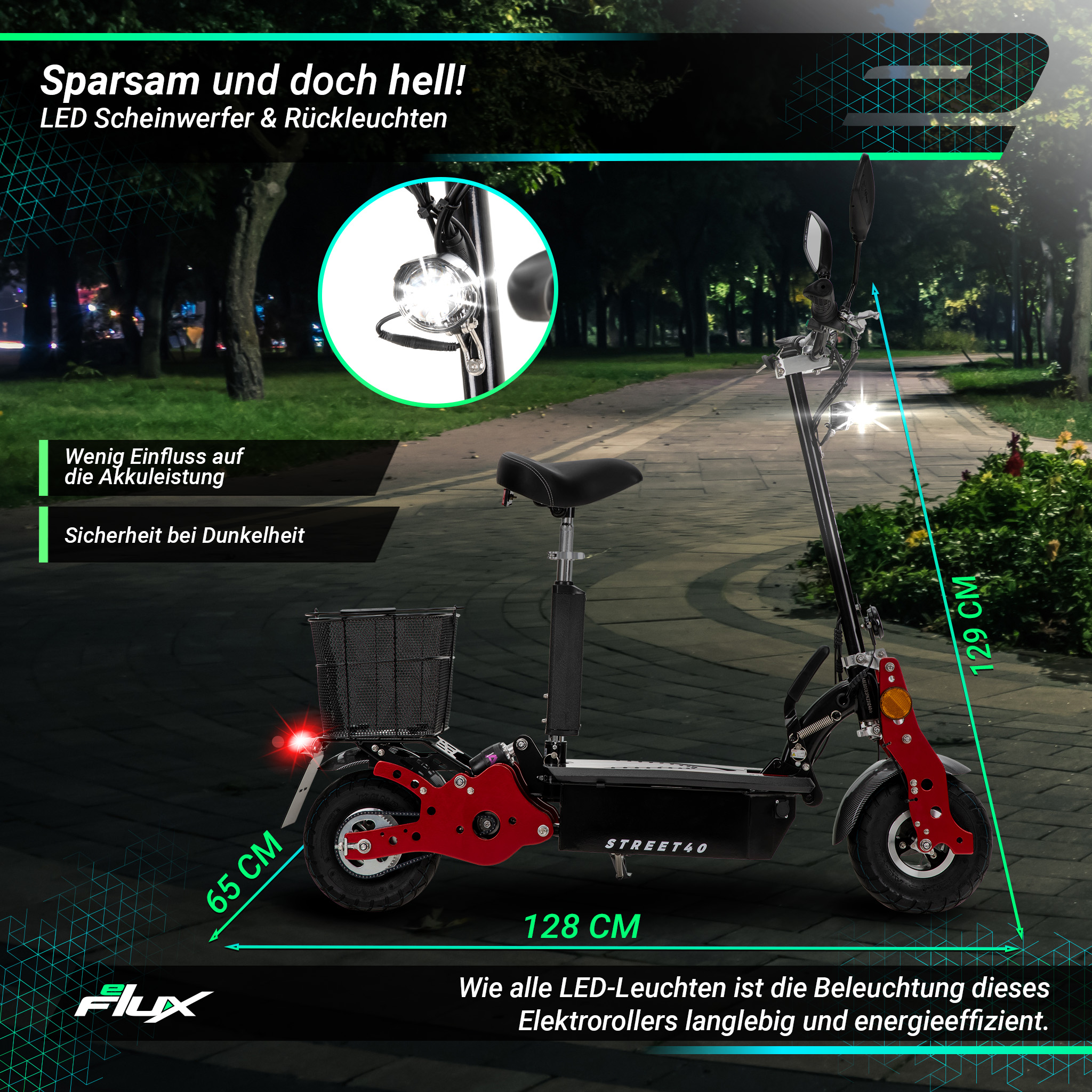 Ein schwarz-roter E-Roller mit Abmessungen und Messungen, mit Parkhintergrund.
