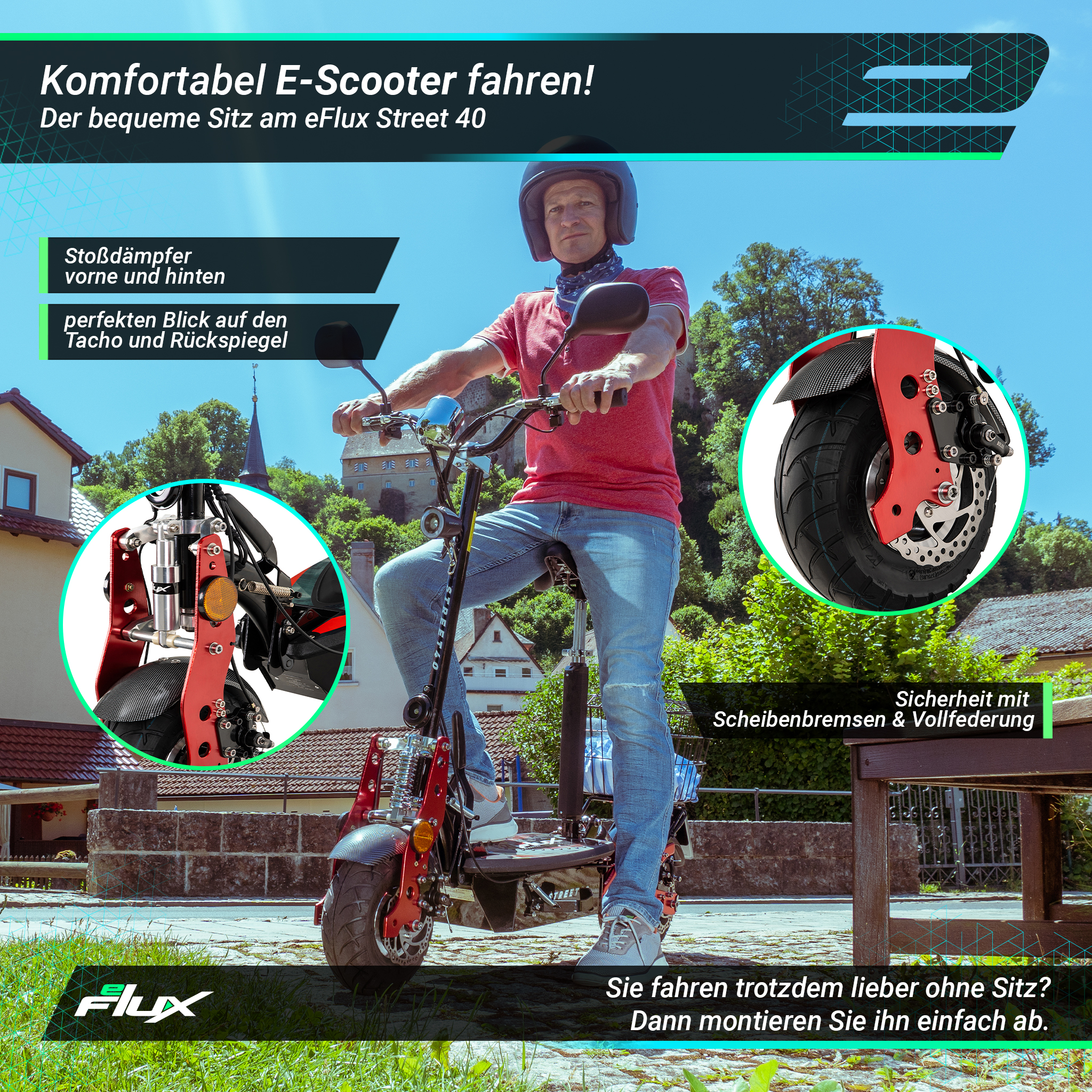 Mann fährt einen roten Elektroroller mit Text auf dem Bild.