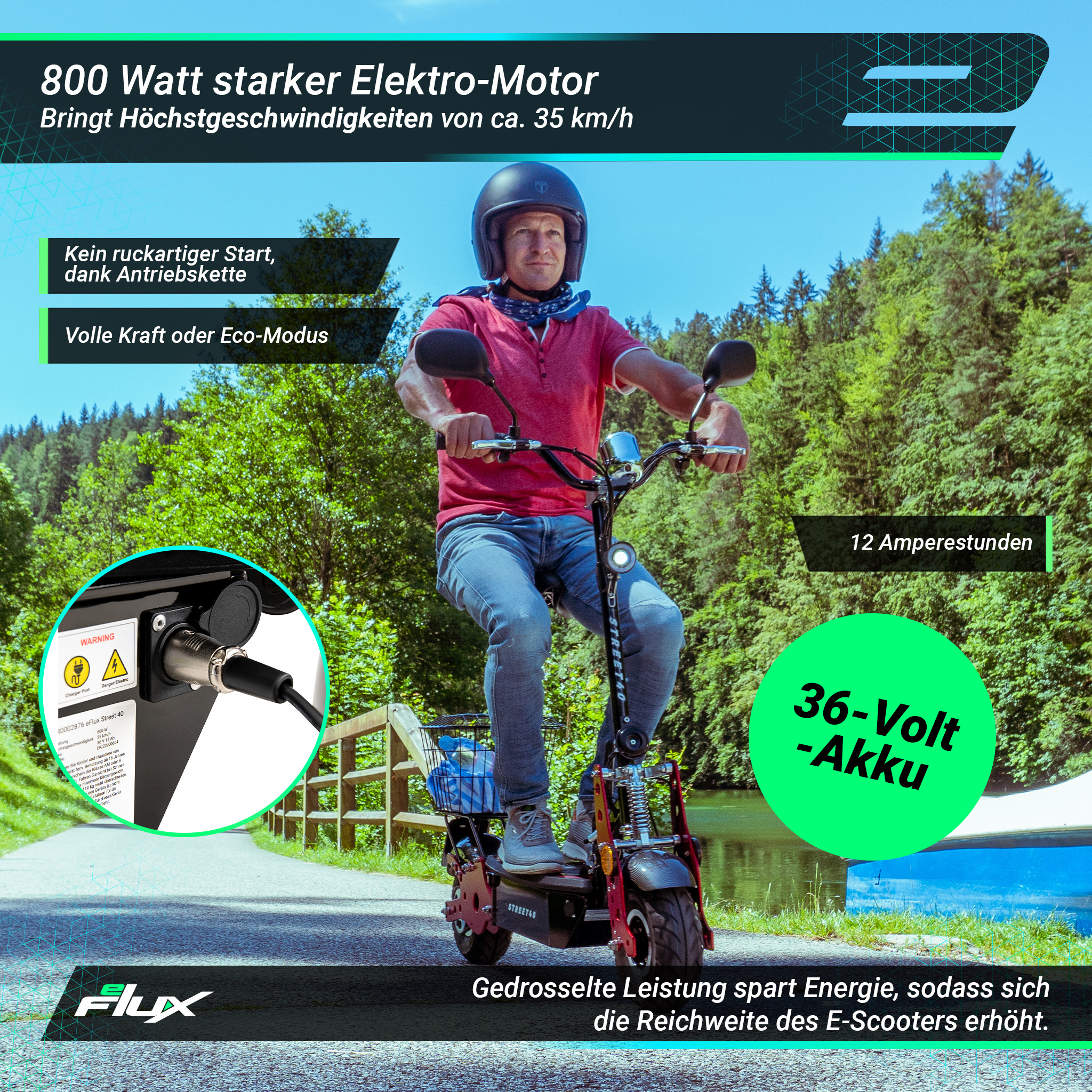 Mann fährt mit einem E-Roller in einem Park. Der Hintergrund ist ein grüner Wald.