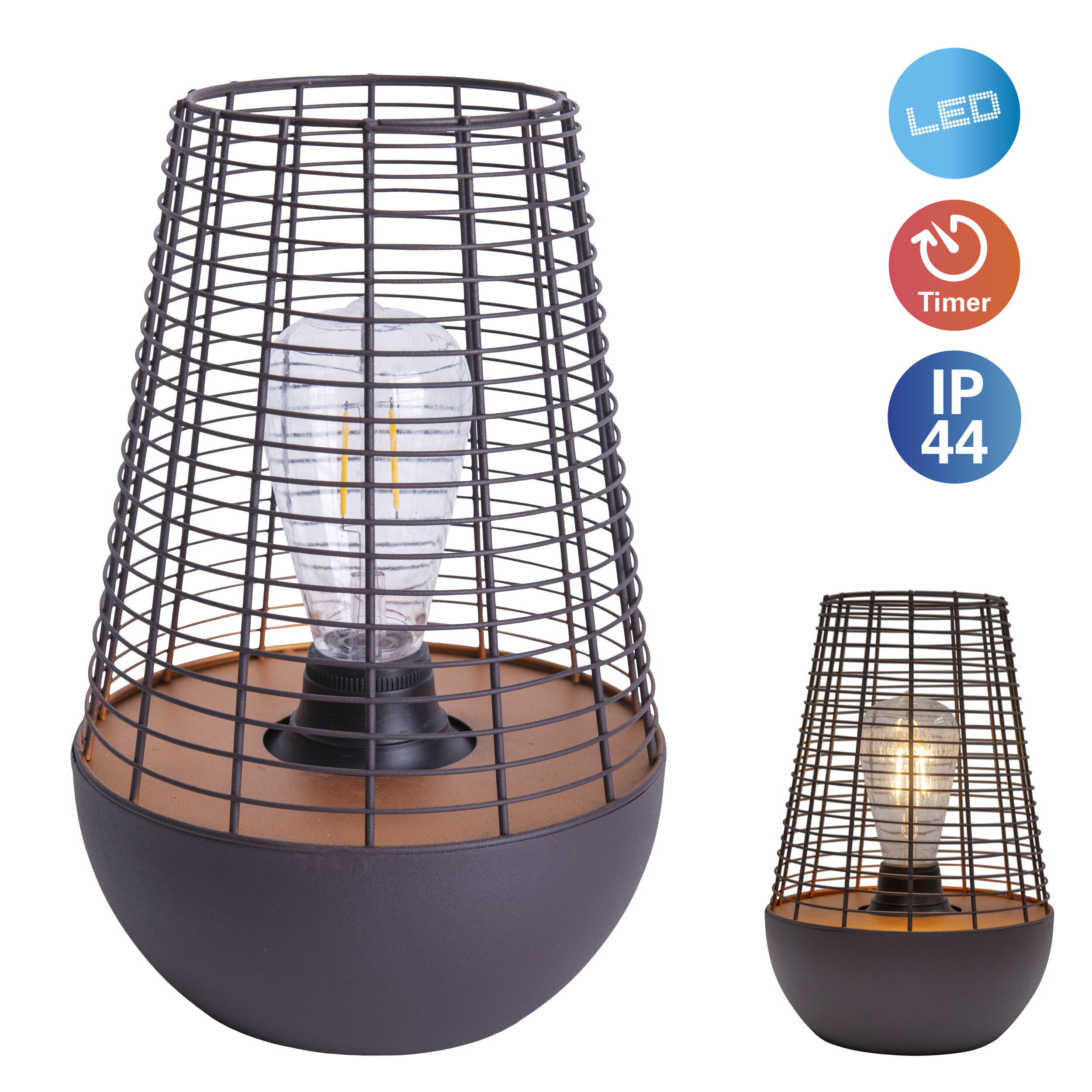 Eine schwarz-kupferfarbene Lampe mit käfigartigem Design, mit Edison-Glühbirne und der Schutzart IP44.