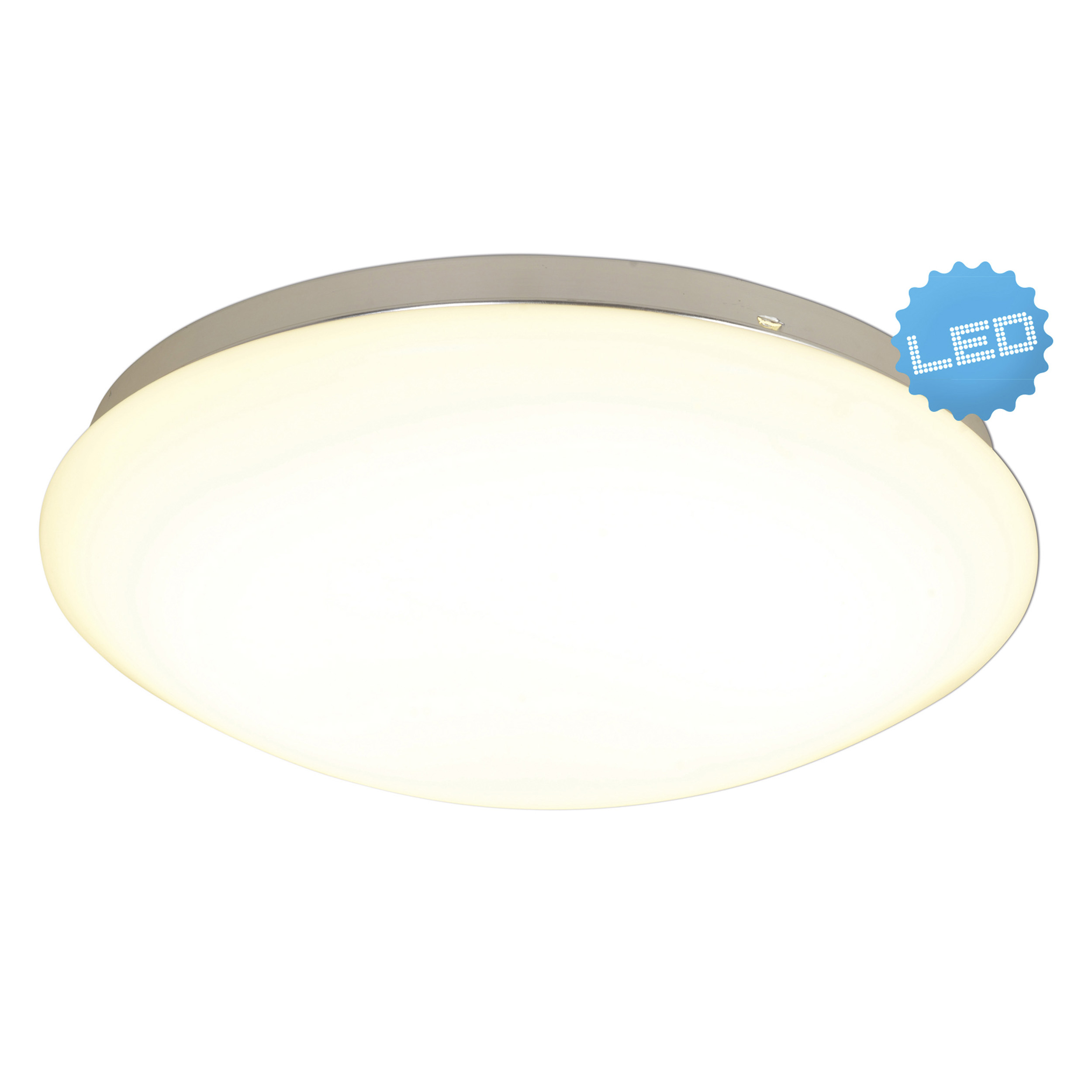 Eine ovale LED-Deckenleuchte mit weißer Leuchtfläche und silbernem Rahmen.