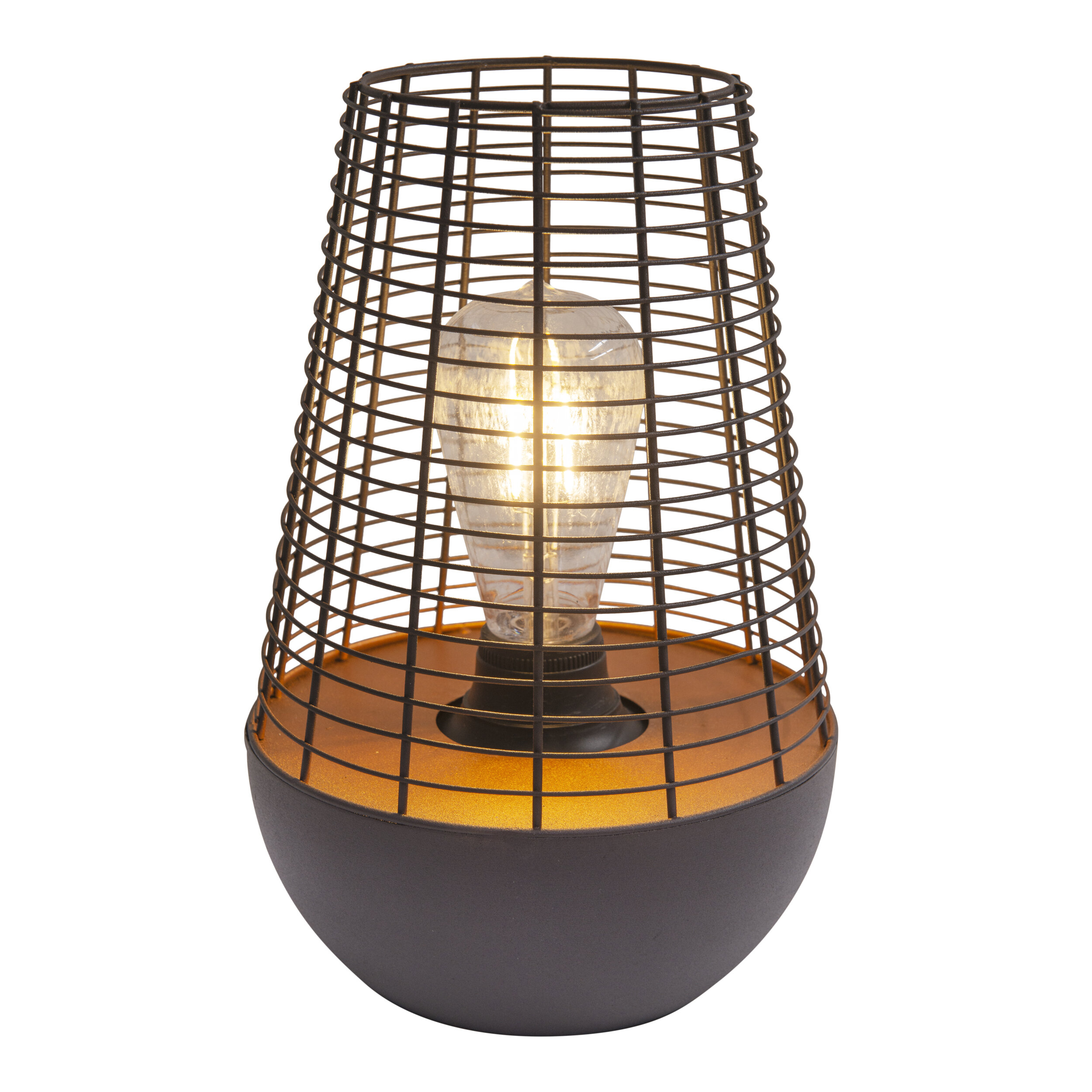 Eine dekorative Lampe mit Metallkäfig-Design auf weißem Hintergrund.
