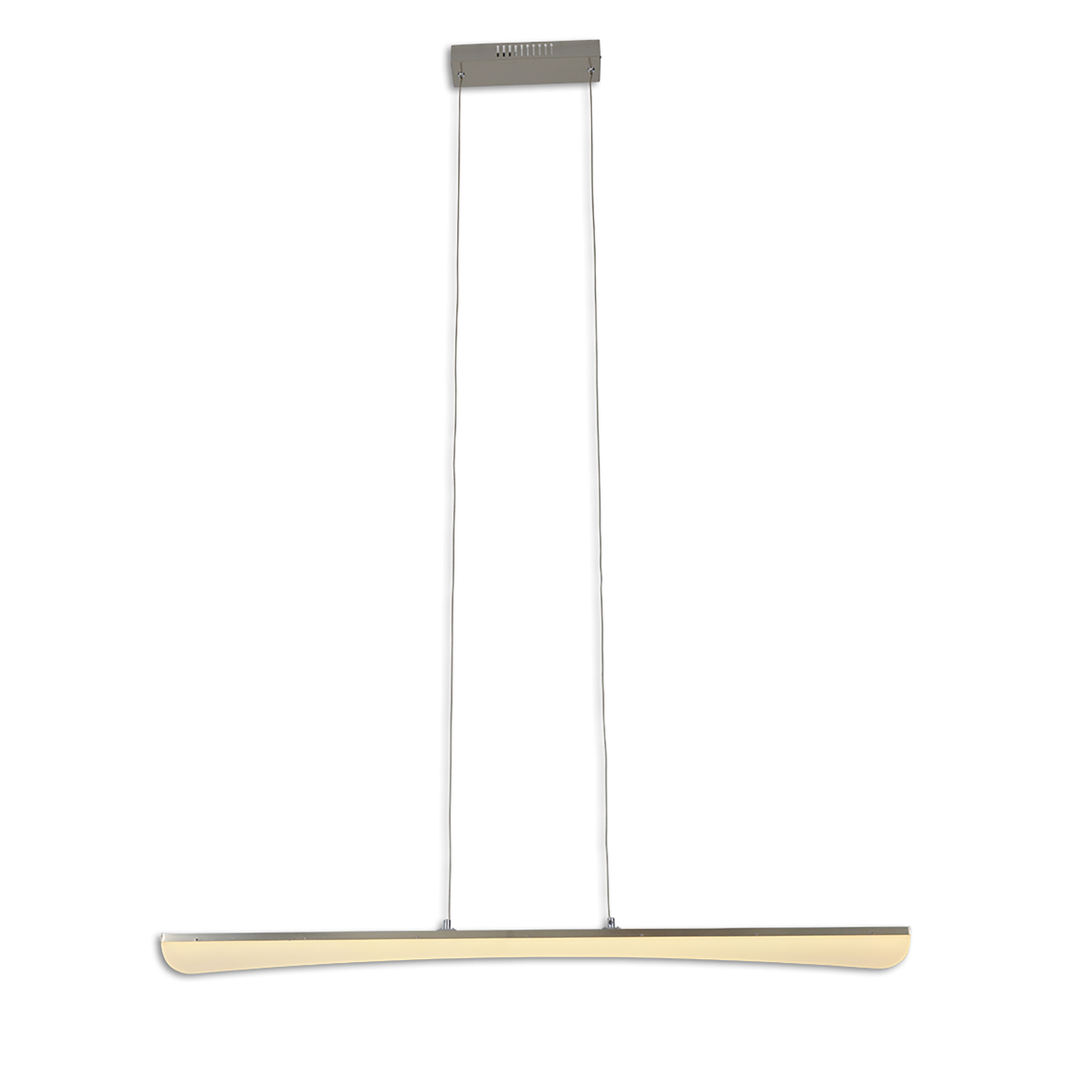 Moderne lineare Pendelleuchte, silberne Ausführung, an Kabeln hängend, weißer Hintergrund.