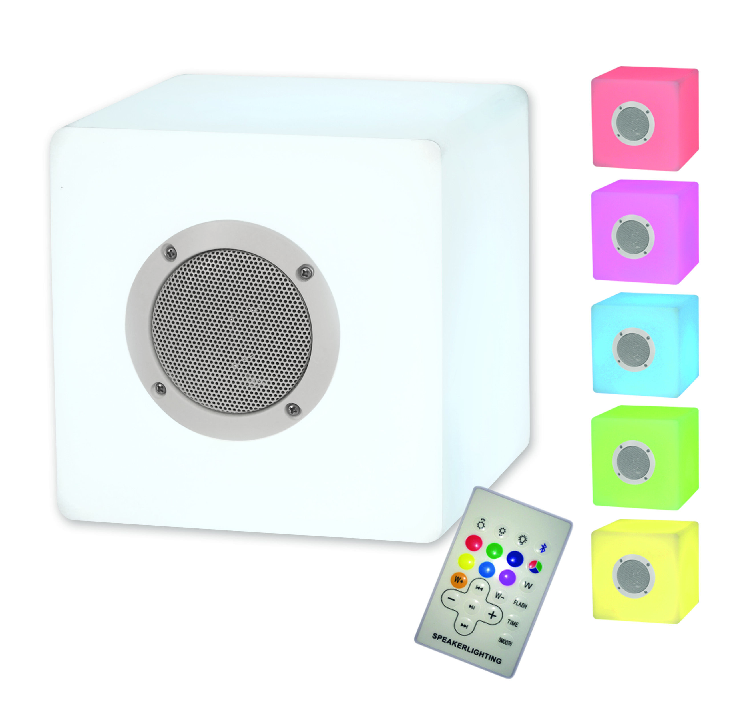 Ein weißer Würfel-Lautsprecher mit Lautsprechergitter und Fernbedienung, 5 farbige Würfel-Lichter.