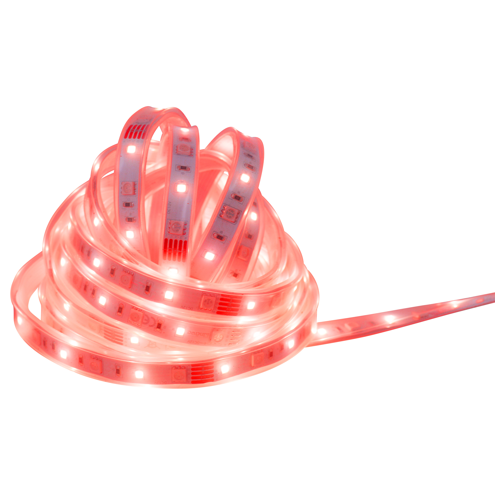 Geringelter roter LED-Lichtstreifen, beleuchtet, auf weißem Hintergrund.