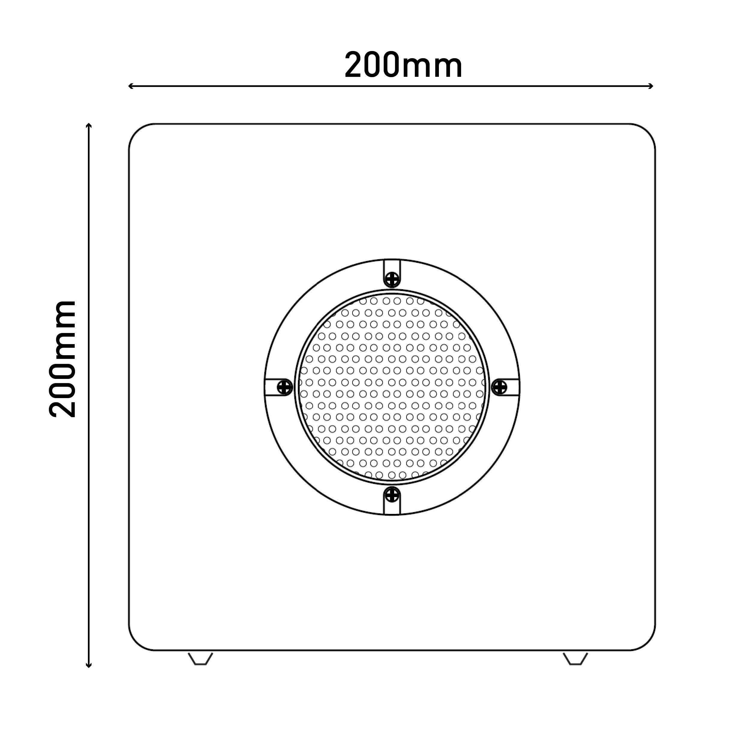 Quadratische Leuchte mit rundem Licht in der Mitte. Abmessungen sind 200 mm x 200 mm.