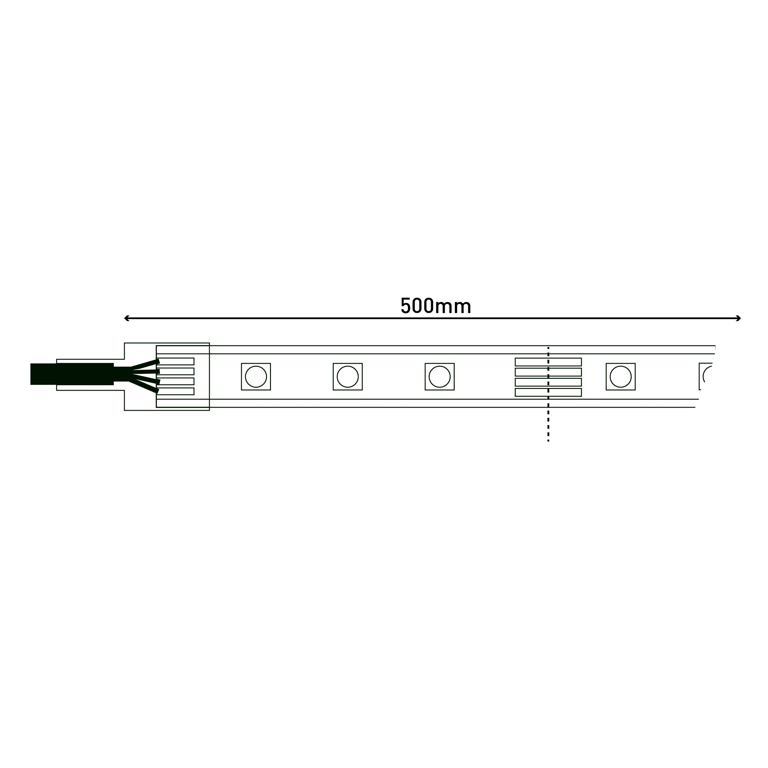 Ein 500mm LED-Streifen mit Anschlusspunkten, der das Produktlayout veranschaulicht.