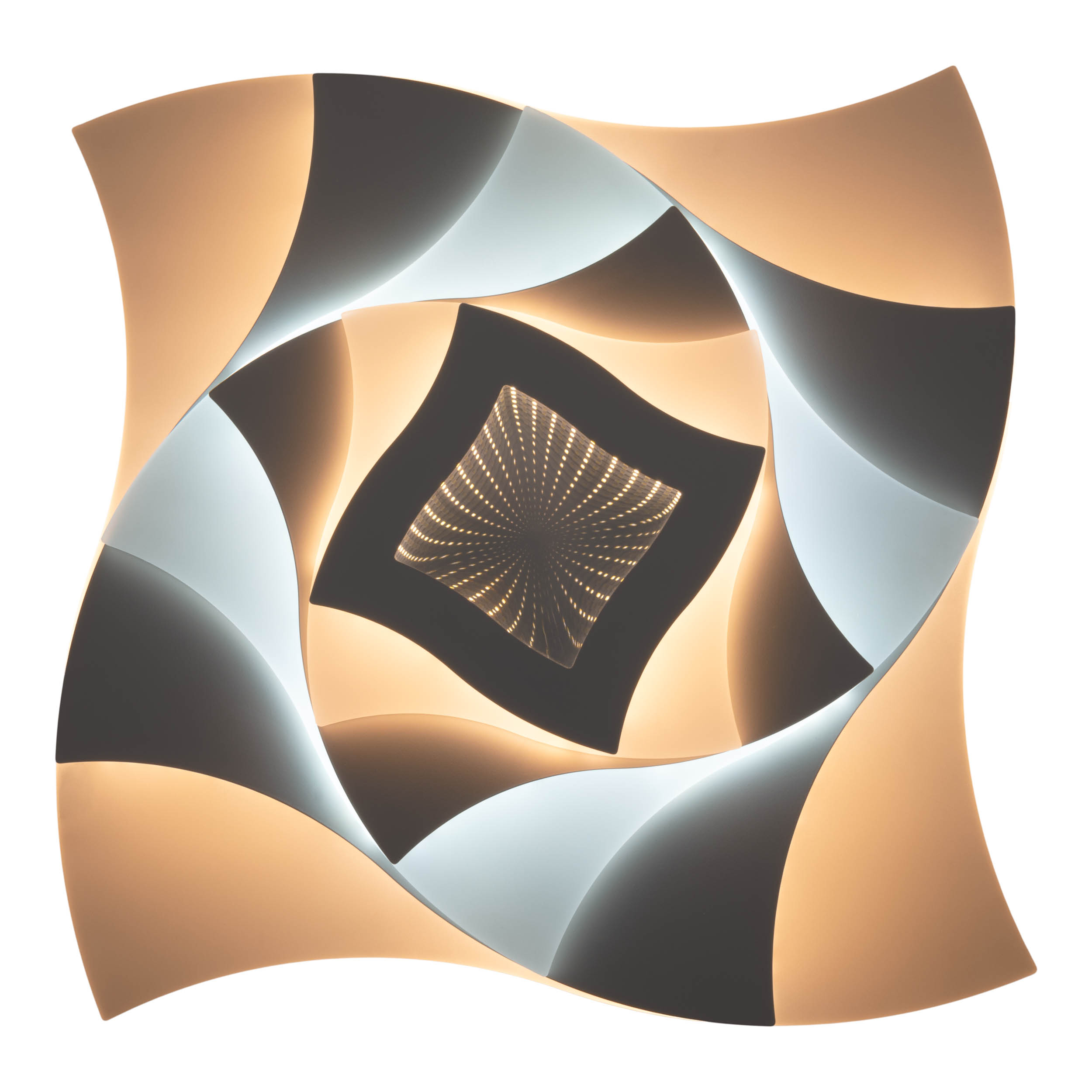 Eine dekorative Leuchte mit geometrischem Design, geschichteten Formen und hellem Zentrum.